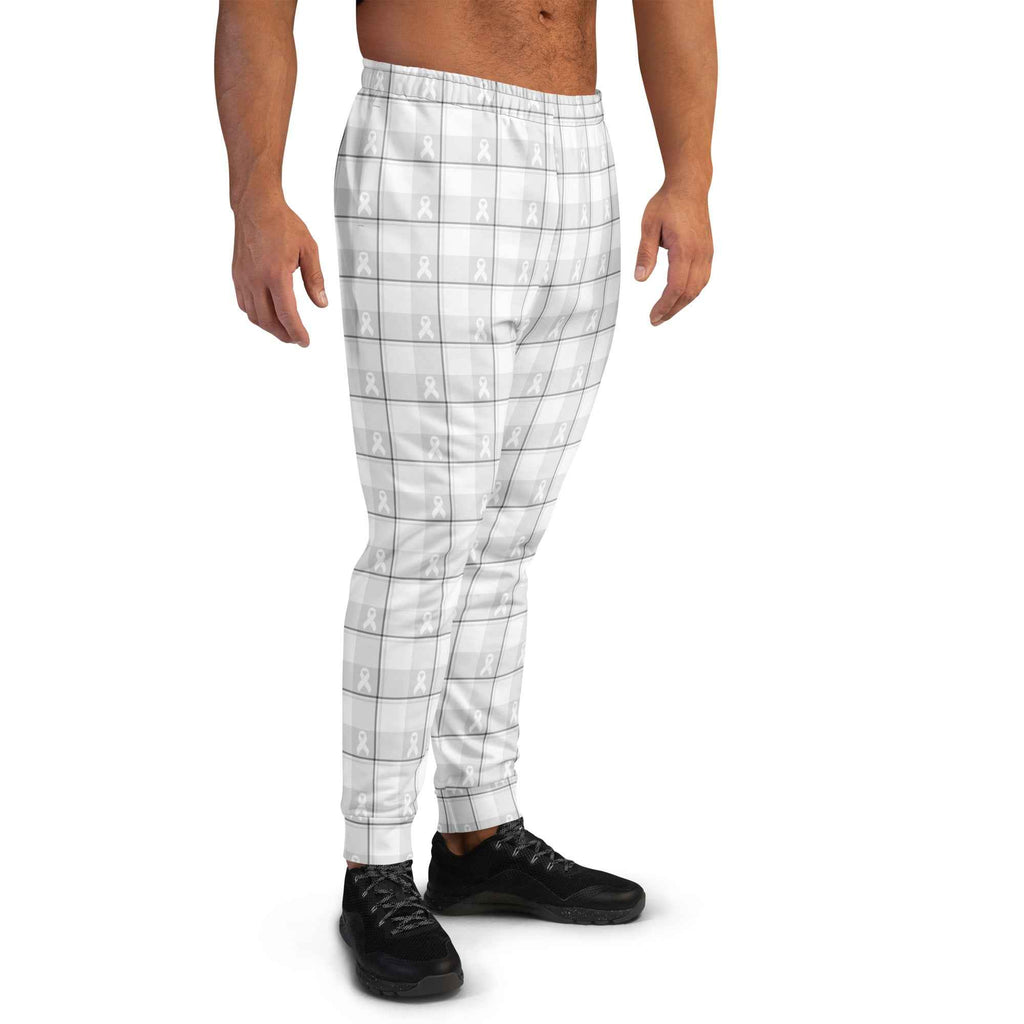Men's Joggers Lung Cancer Awareness Plaid, White Ribbon, Supportive Gift - Scottish Squares