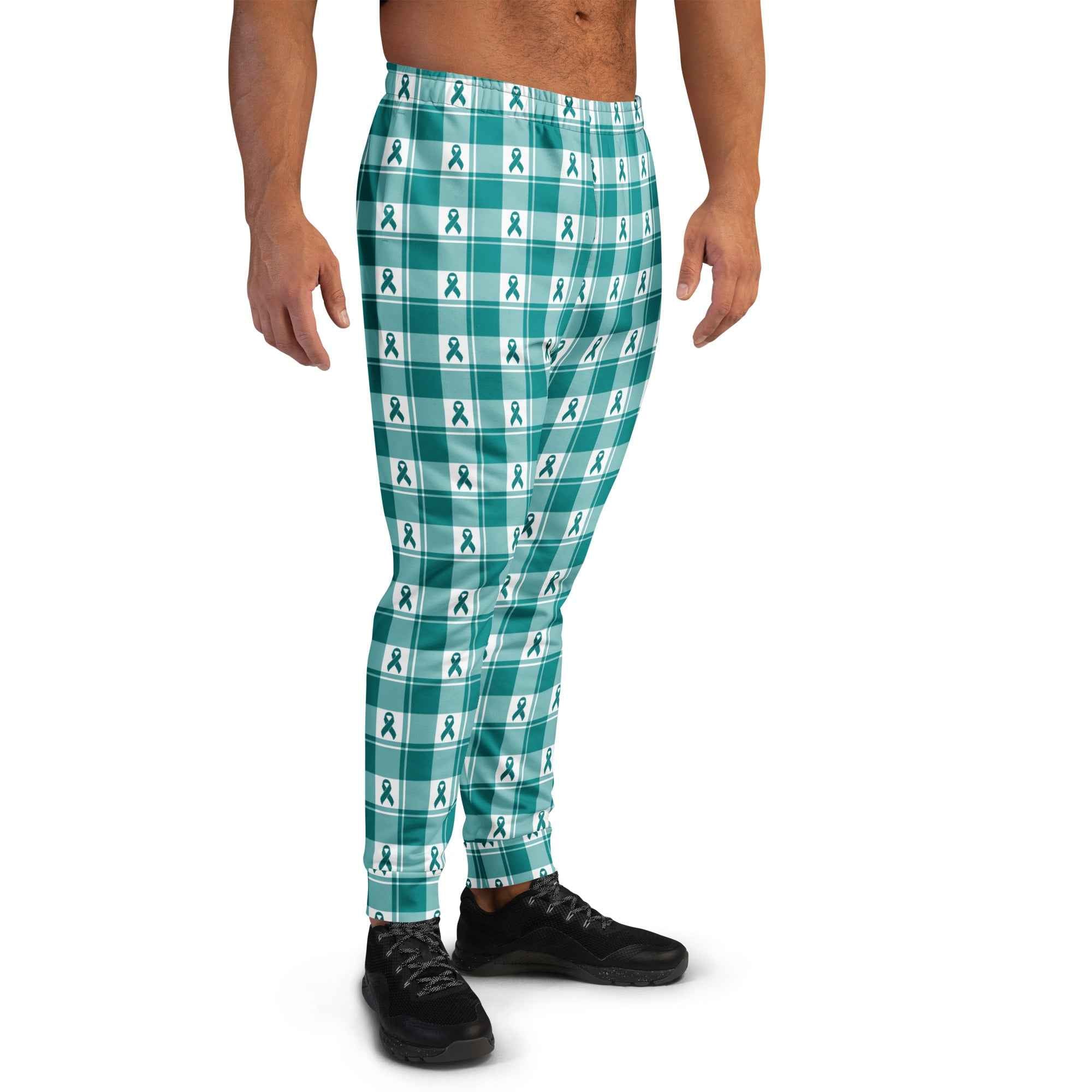 Men's Joggers Cervical Cancer Awareness Plaid, Teal Ribbon, Supportive Gift - Scottish Squares