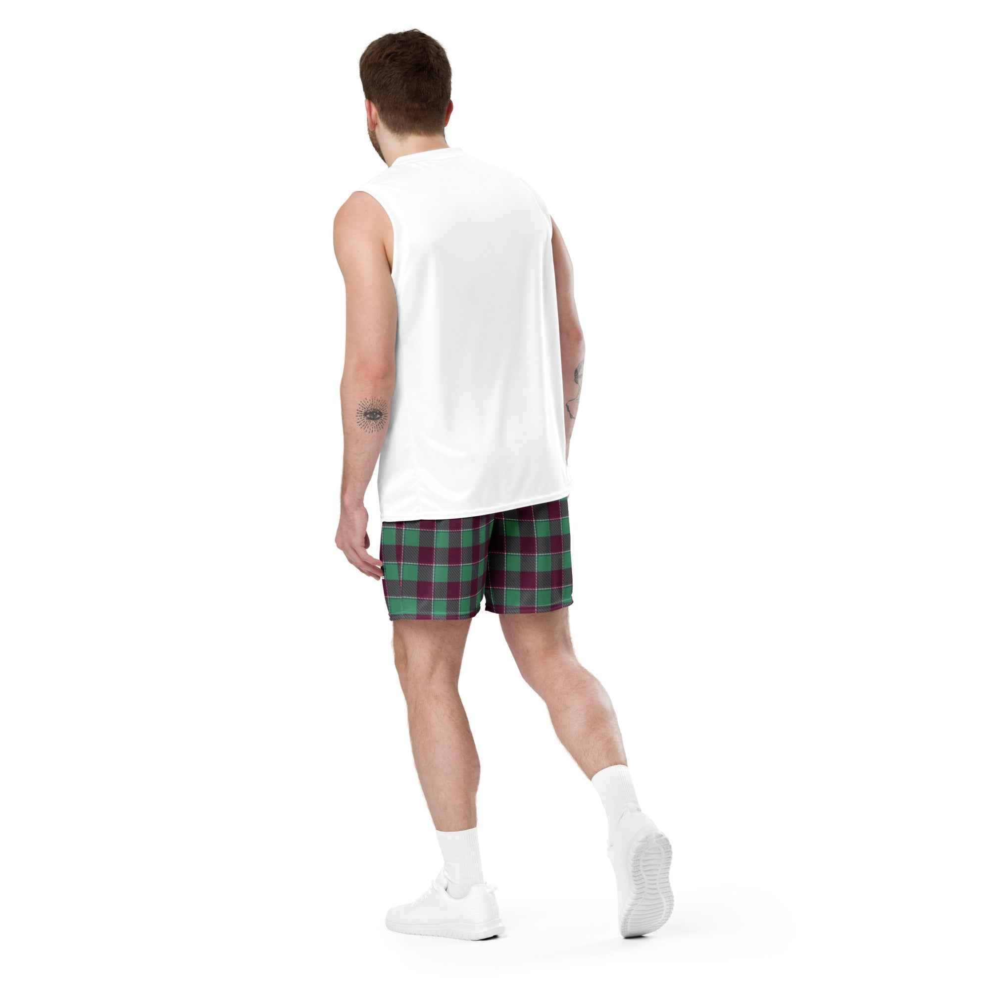 Ocean Green and Mulberry Wood Plaid Unisex Mesh Shorts - Scottish Squares