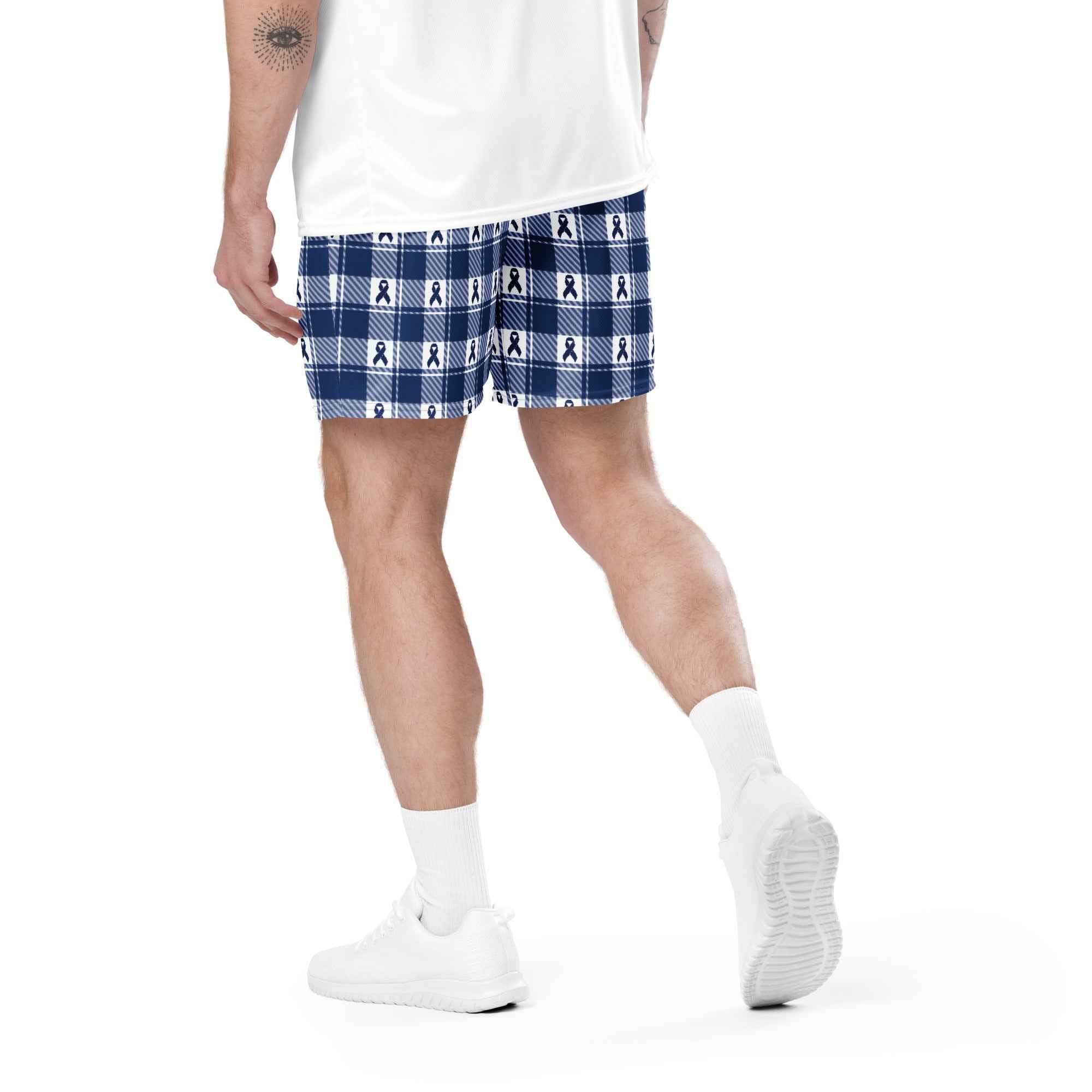 Unisex Mesh Shorts Colorectal Cancer Awareness Plaid, Dark Blue Ribbon, Supportive Gift - Scottish Squares
