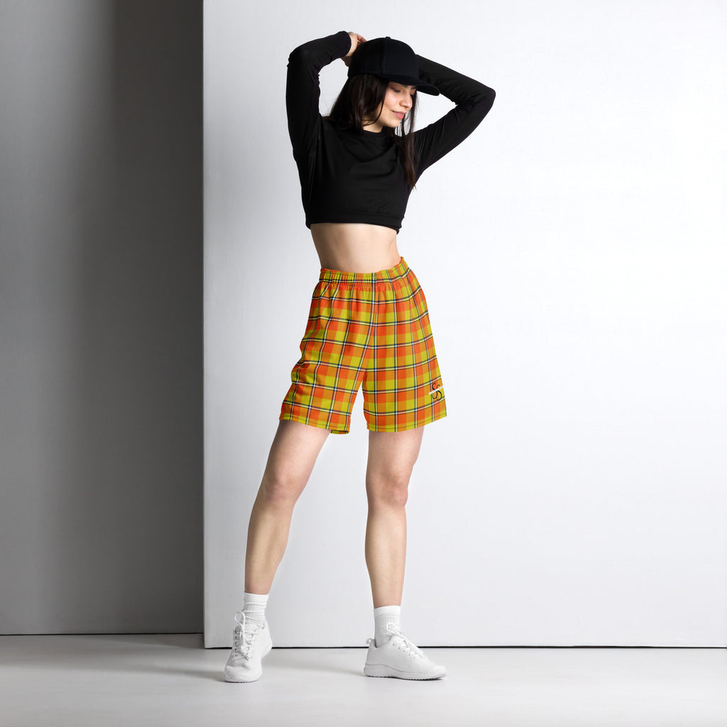Blaze Orange and Bird Flower Plaid Unisex Mesh Shorts - Scottish Squares