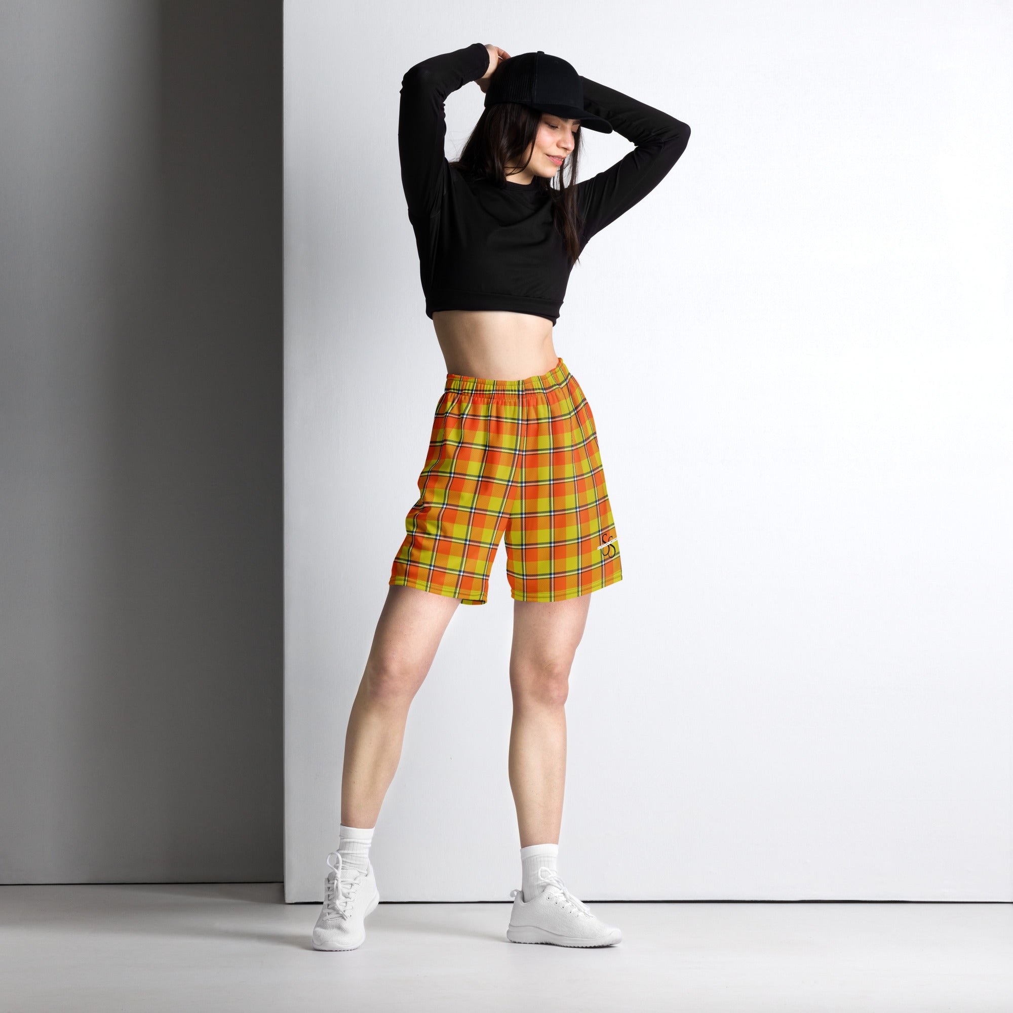 Blaze Orange and Bird Flower Plaid Unisex Mesh Shorts - Scottish Squares