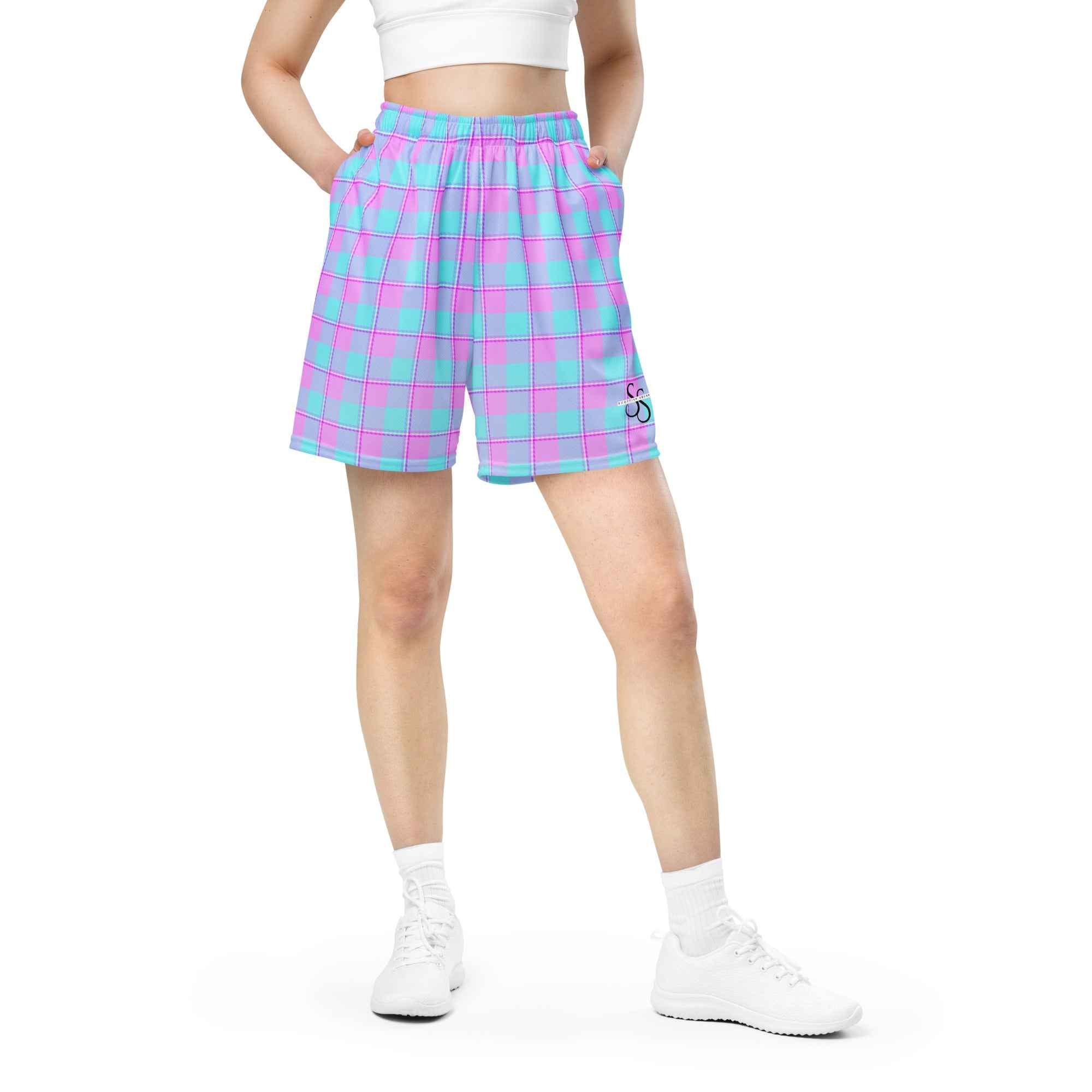 Mauve and Coastal Mist Plaid Unisex Mesh Shorts - Scottish Squares