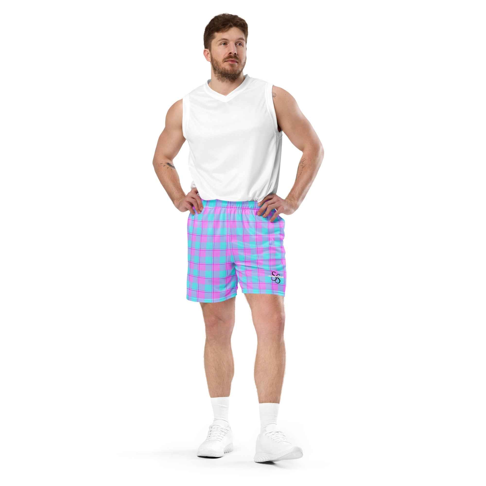Mauve and Coastal Mist Plaid Unisex Mesh Shorts - Scottish Squares
