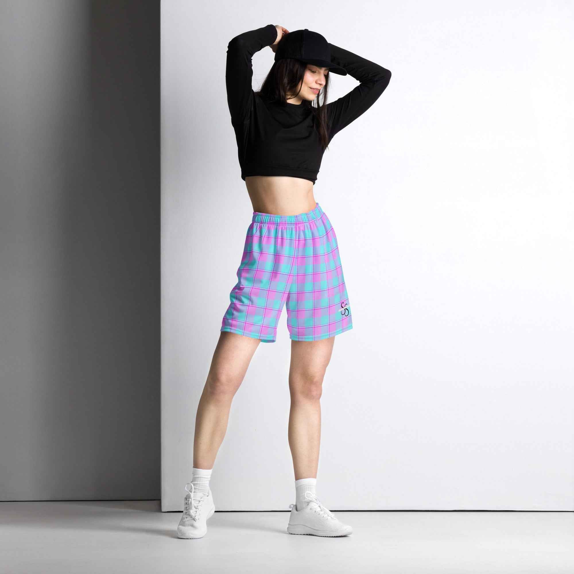 Mauve and Coastal Mist Plaid Unisex Mesh Shorts - Scottish Squares