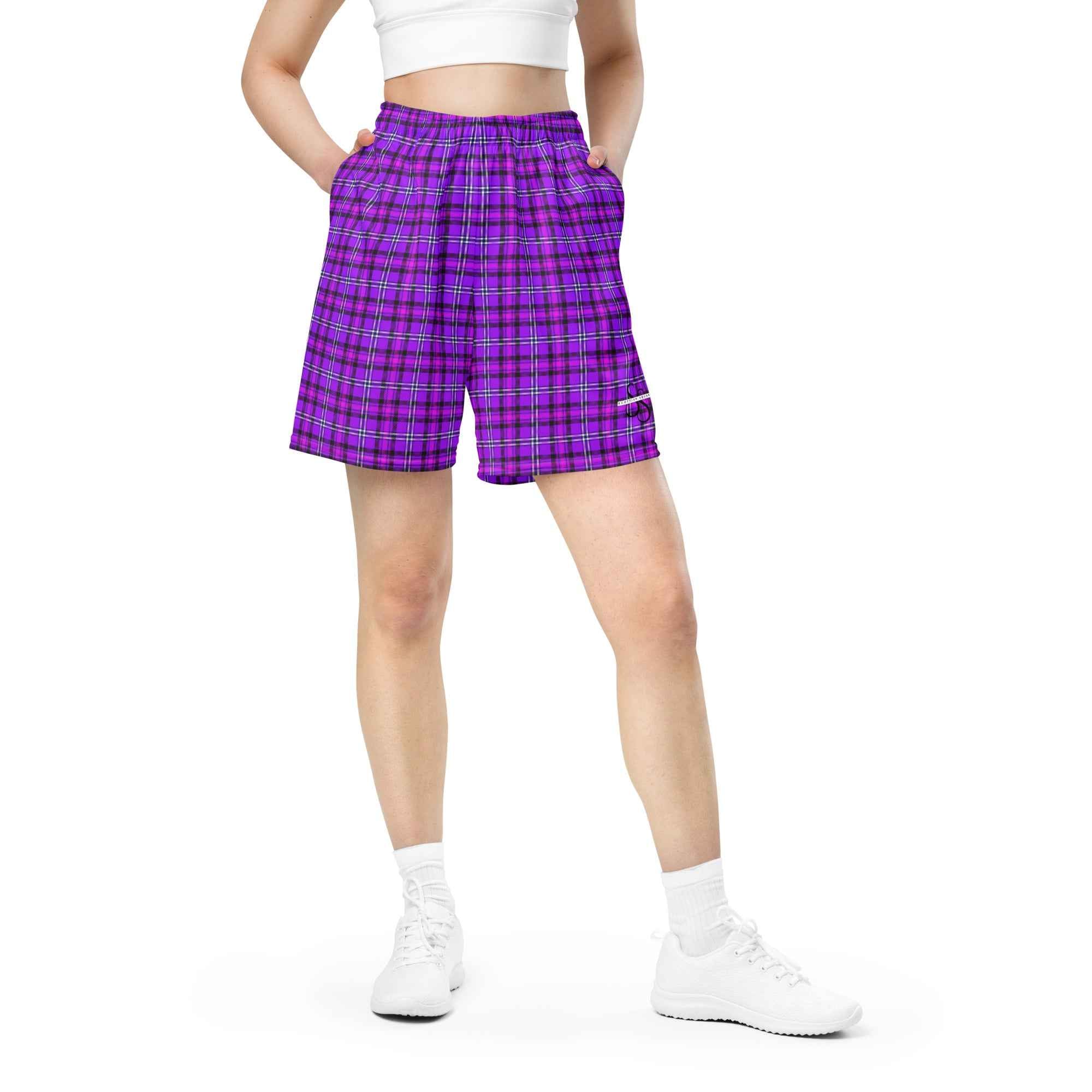 Electric Violet and Fuchsia Plaid Unisex Mesh Shorts - Scottish Squares