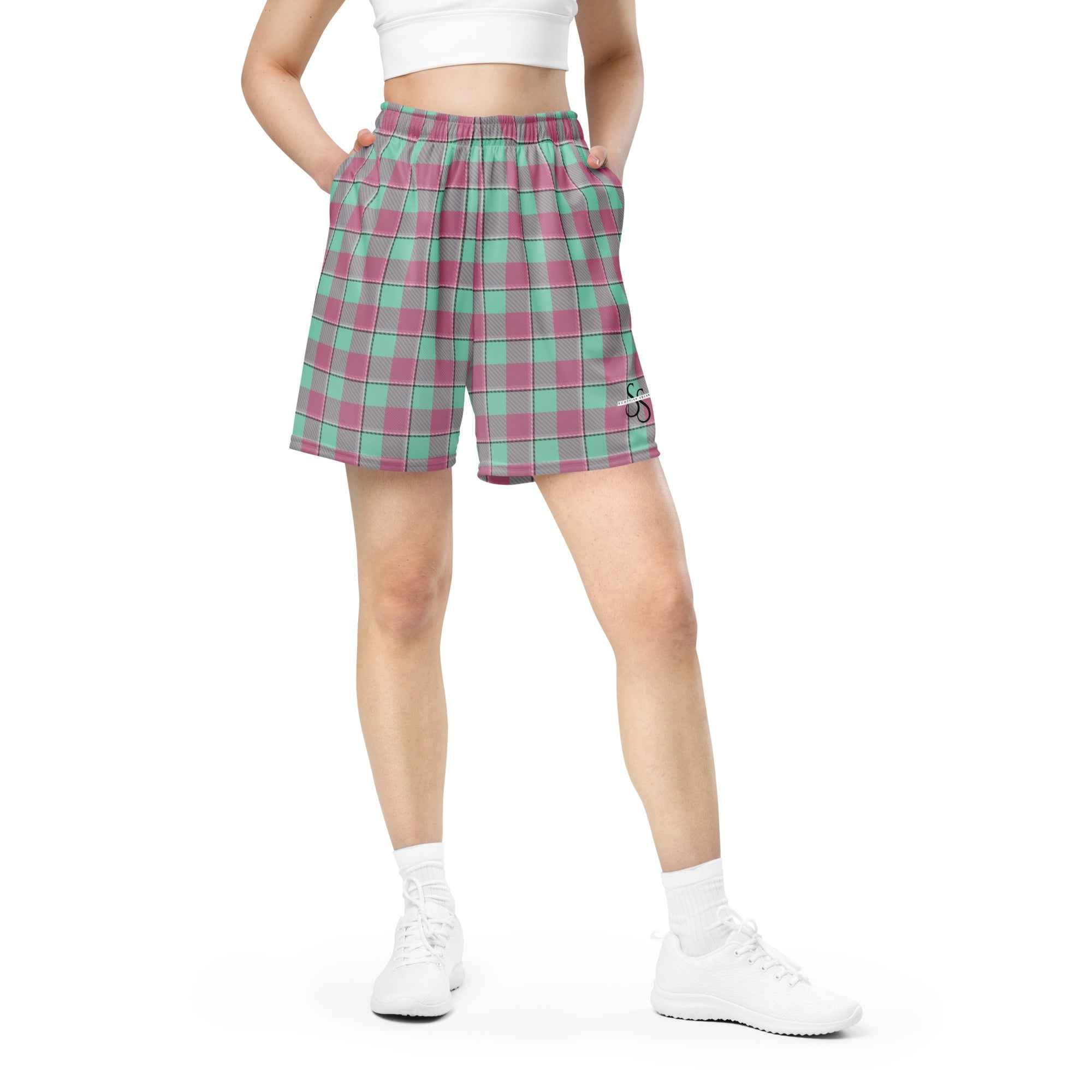 Vista Blue and Turkish Rose Plaid Unisex Mesh Shorts - Scottish Squares