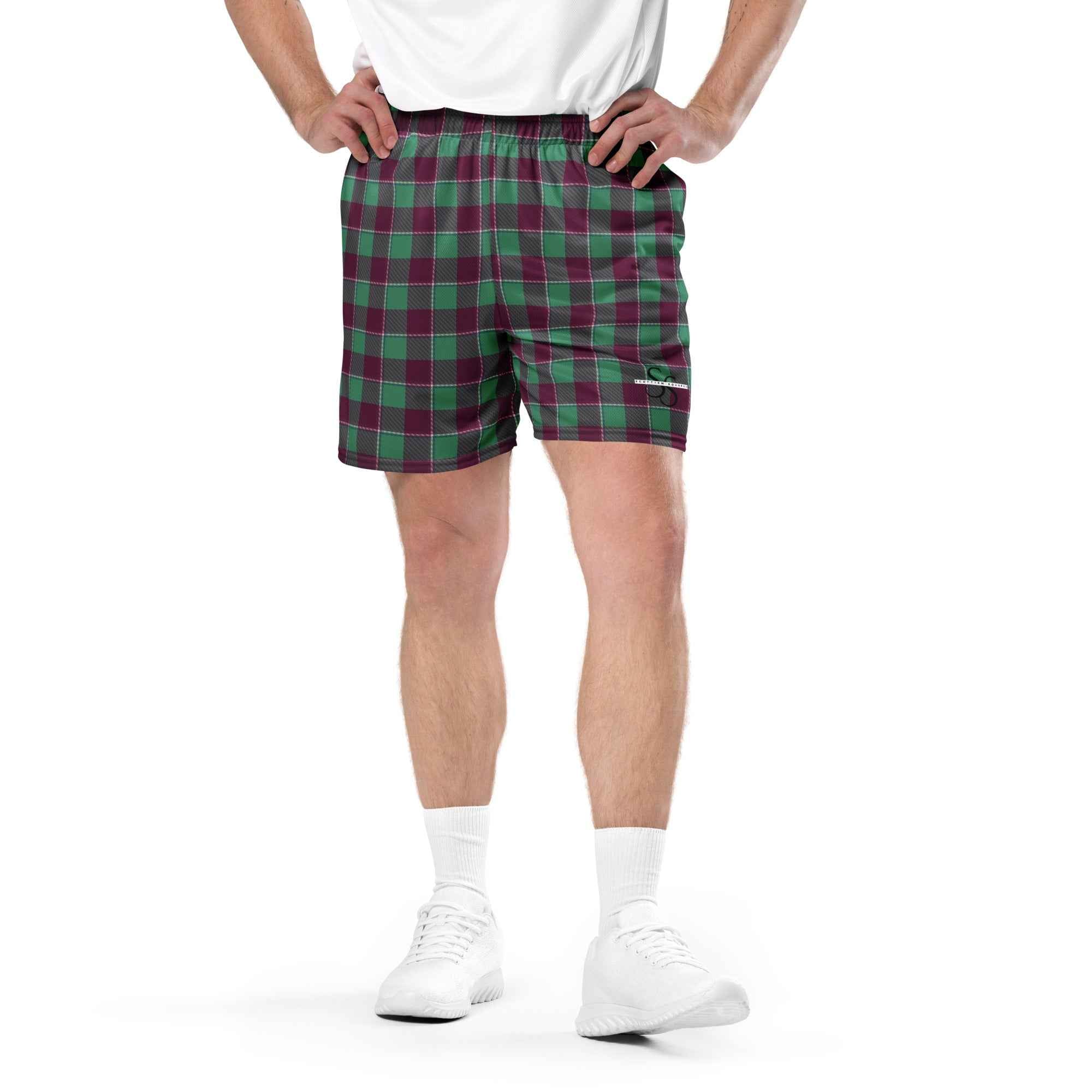 Ocean Green and Mulberry Wood Plaid Unisex Mesh Shorts - Scottish Squares