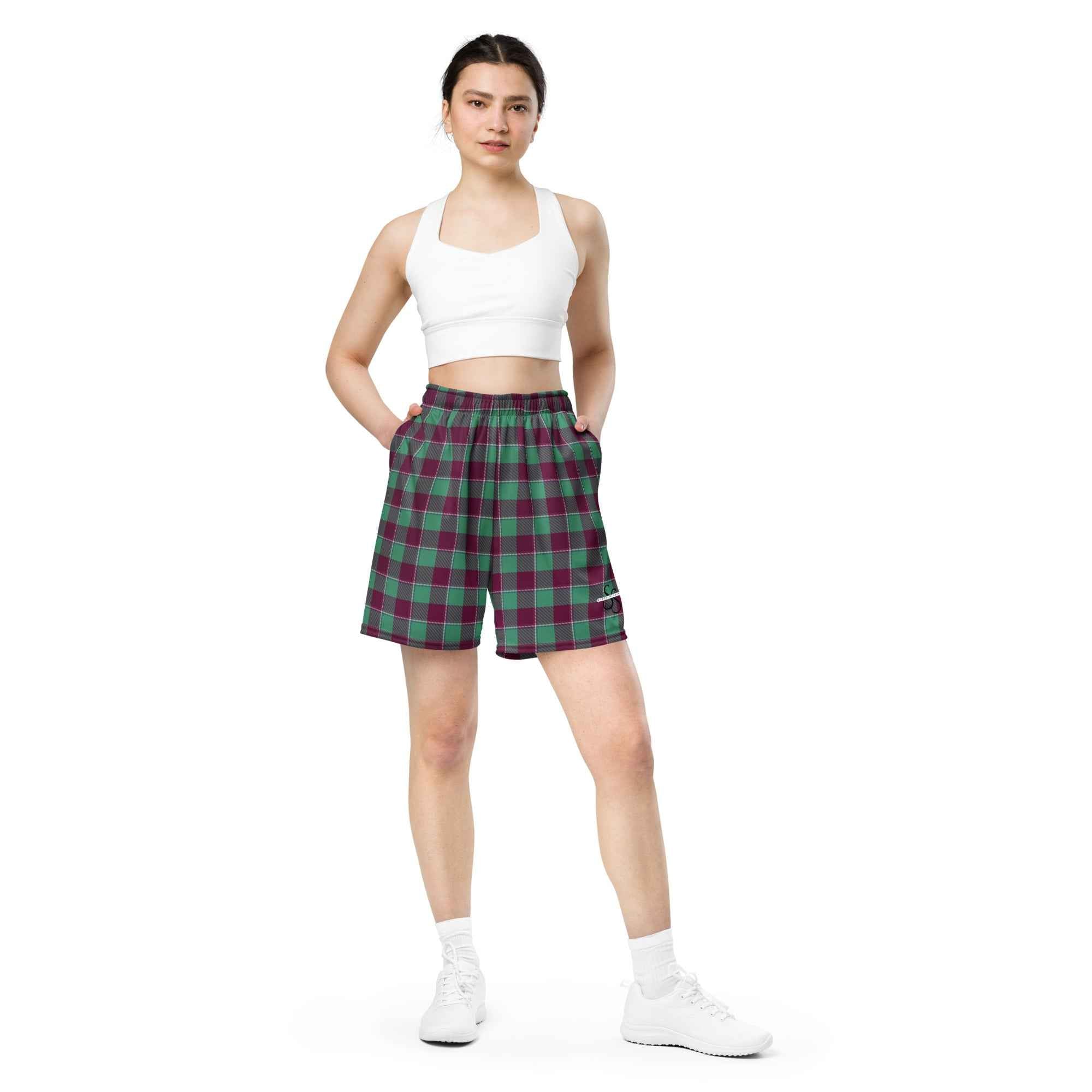 Ocean Green and Mulberry Wood Plaid Unisex Mesh Shorts - Scottish Squares