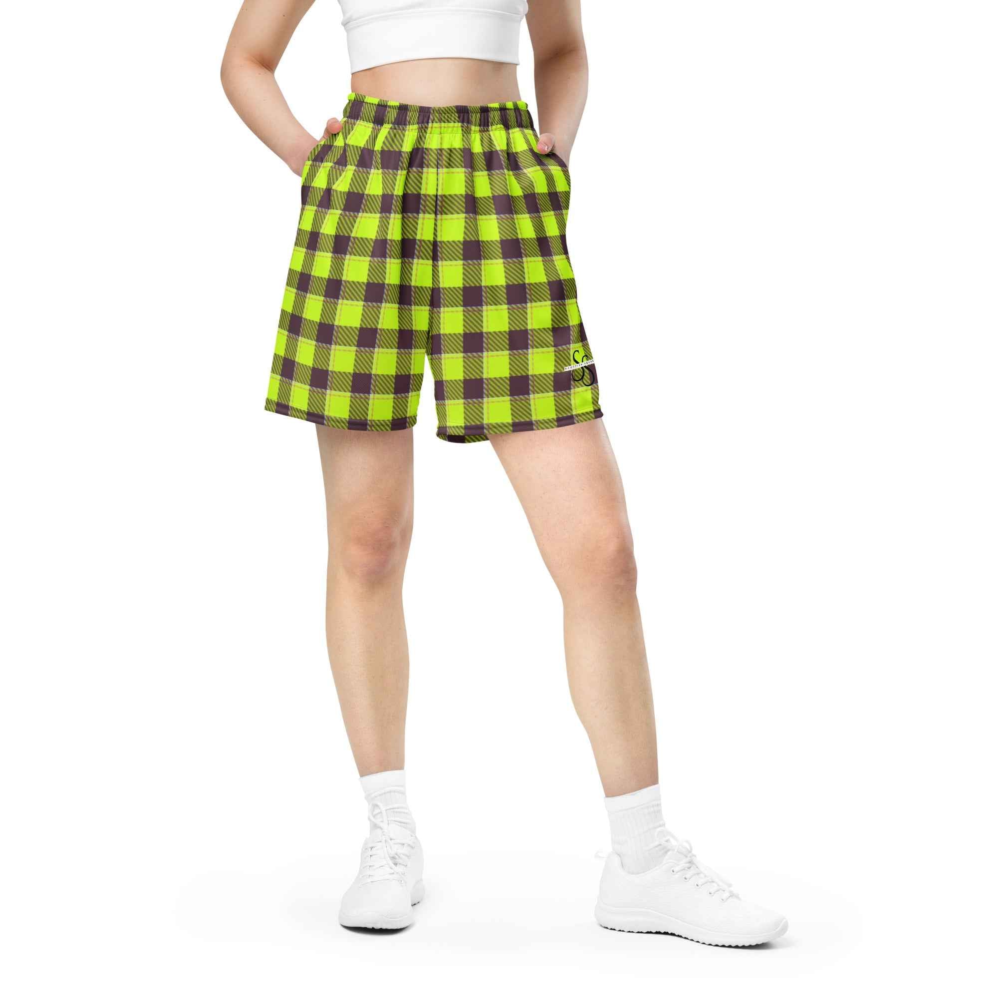 Electric Lime and Livid Brown Plaid Unisex Mesh Shorts - Scottish Squares