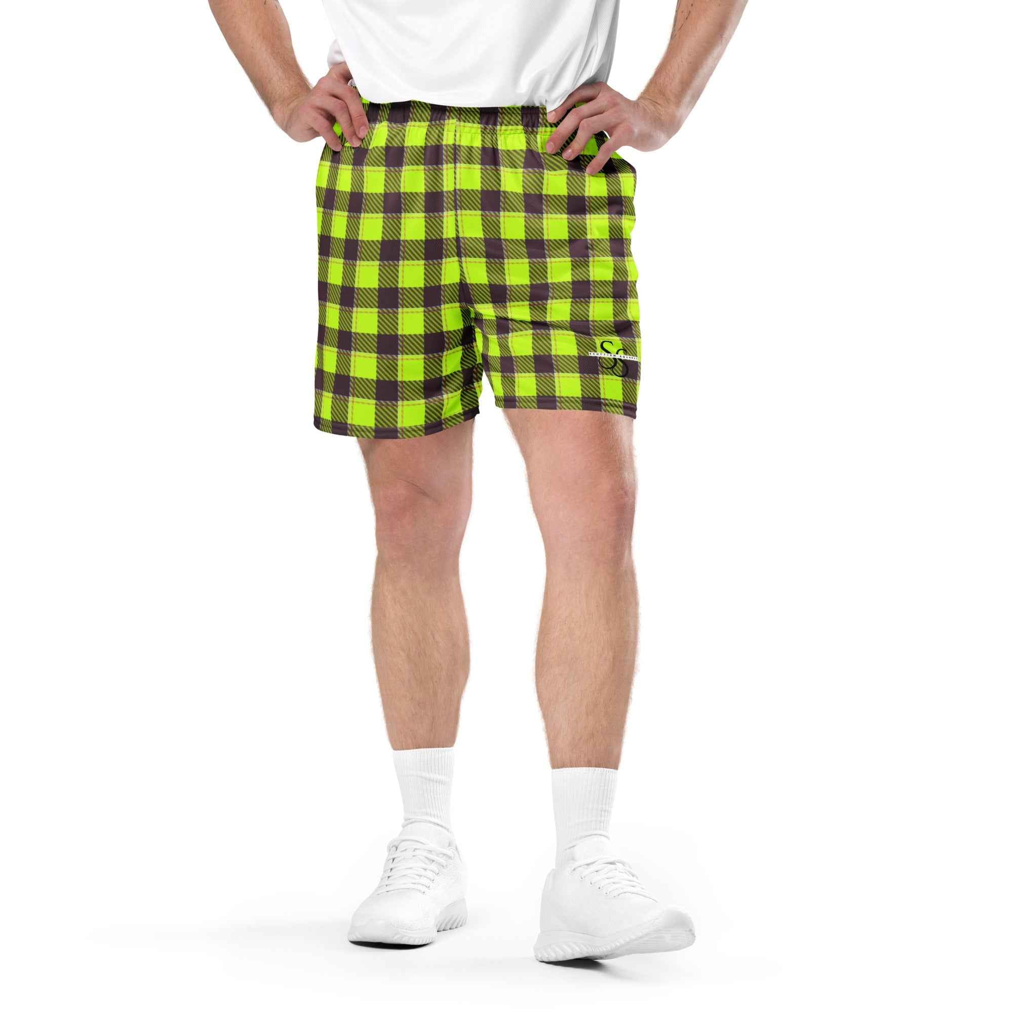Electric Lime and Livid Brown Plaid Unisex Mesh Shorts - Scottish Squares