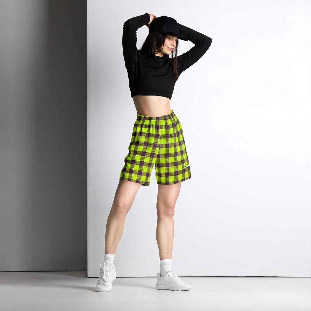Electric Lime and Livid Brown Plaid Unisex Mesh Shorts - Scottish Squares
