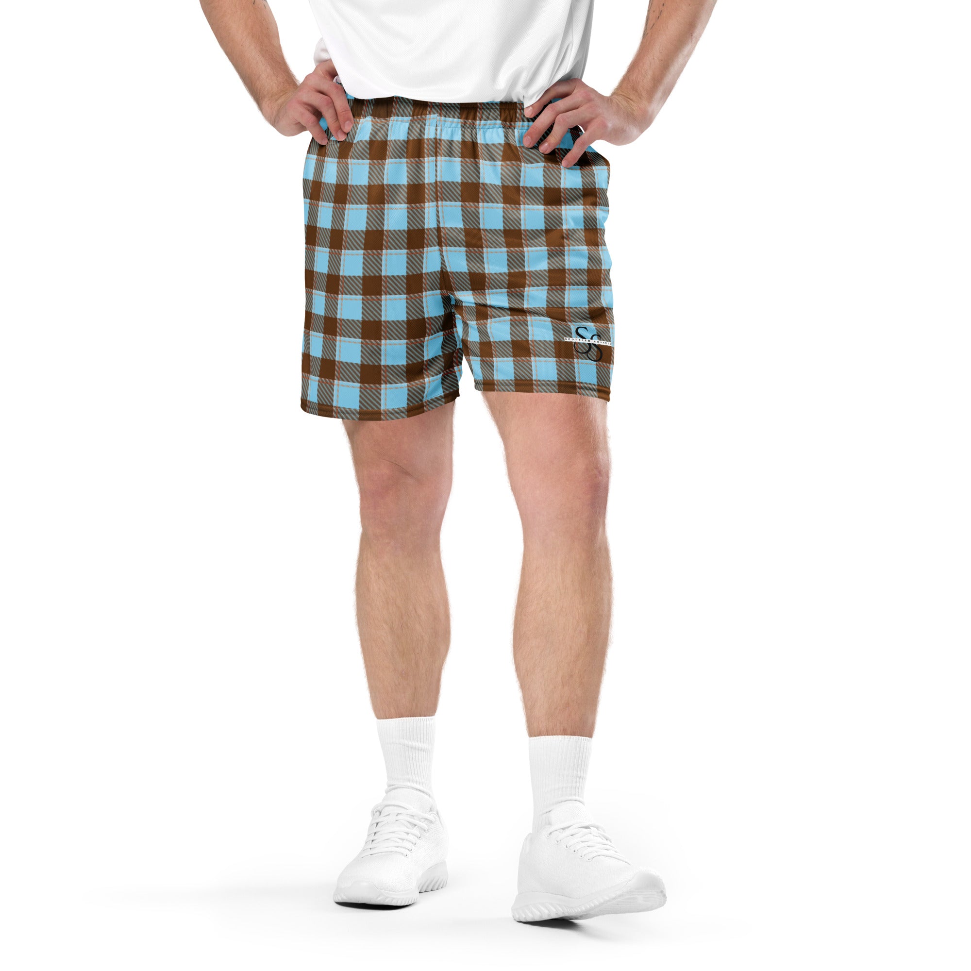 Blizzard Blue and Livid Brown Plaid Unisex Mesh Shorts - Scottish Squares
