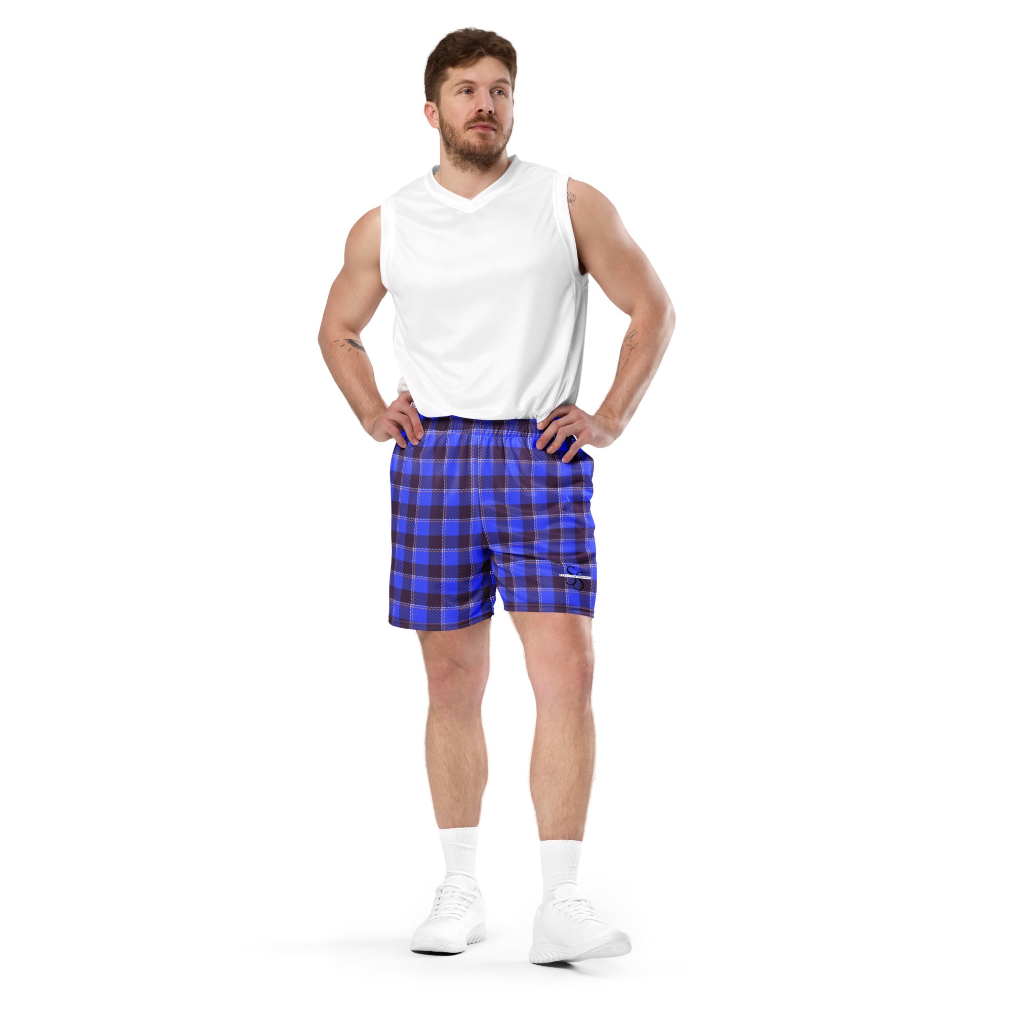 Cornflower Blue and Livid Brown Plaid Unisex Mesh Shorts - Scottish Squares