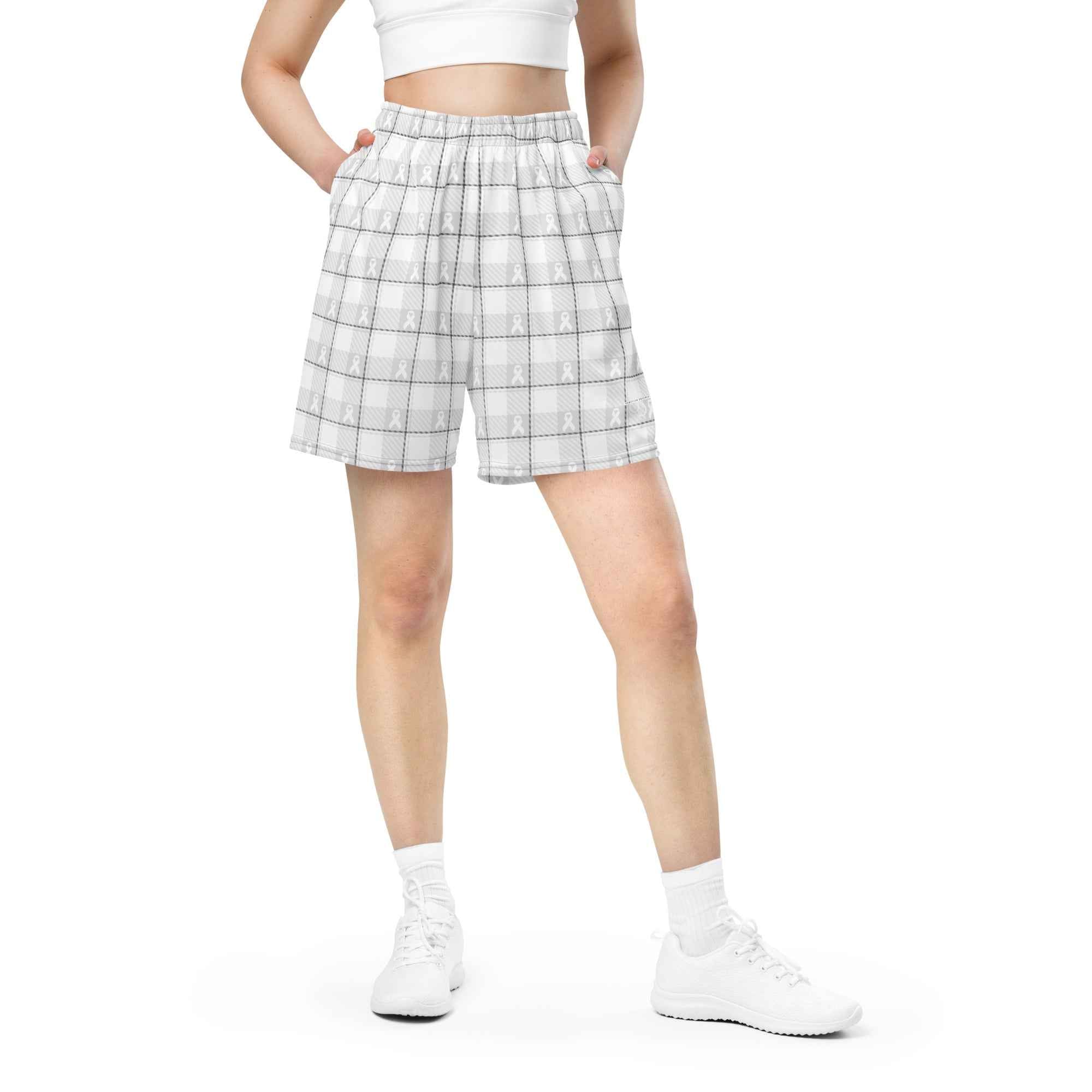 Unisex Mesh Shorts Lung Cancer Awareness Plaid, White Ribbon, Supportive Gift - Scottish Squares