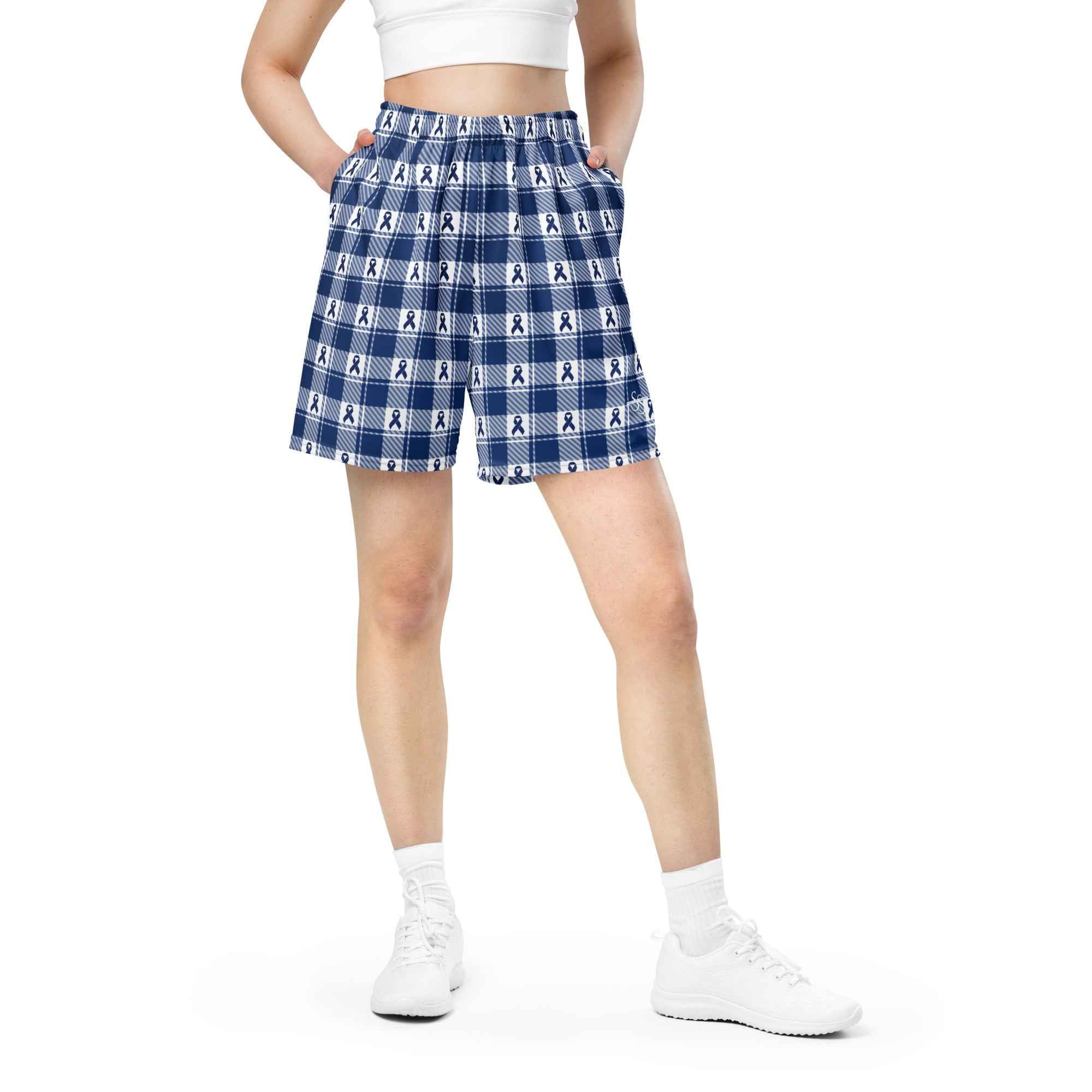 Unisex Mesh Shorts Colorectal Cancer Awareness Plaid, Dark Blue Ribbon, Supportive Gift - Scottish Squares