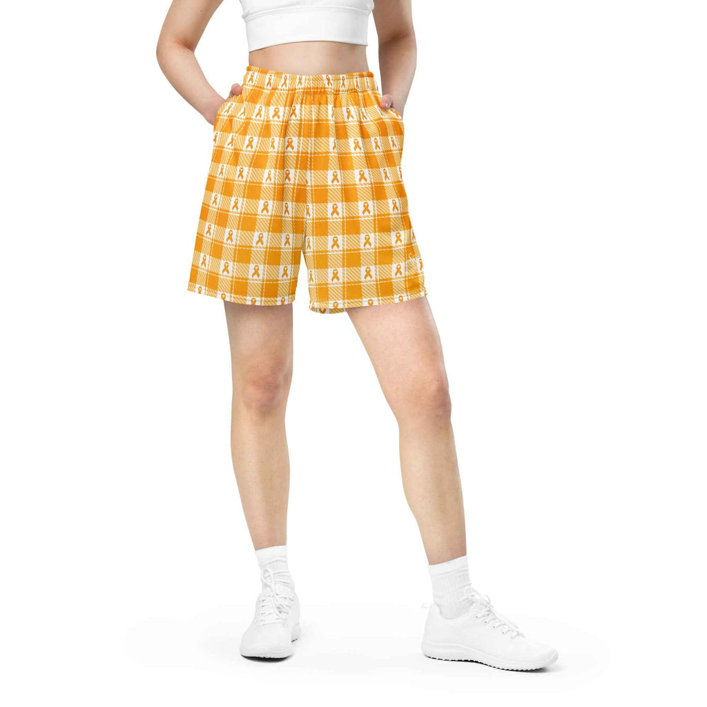Unisex Mesh Shorts Kidney Cancer Awareness Plaid, Orange Ribbon, Supportive Gift - Scottish Squares