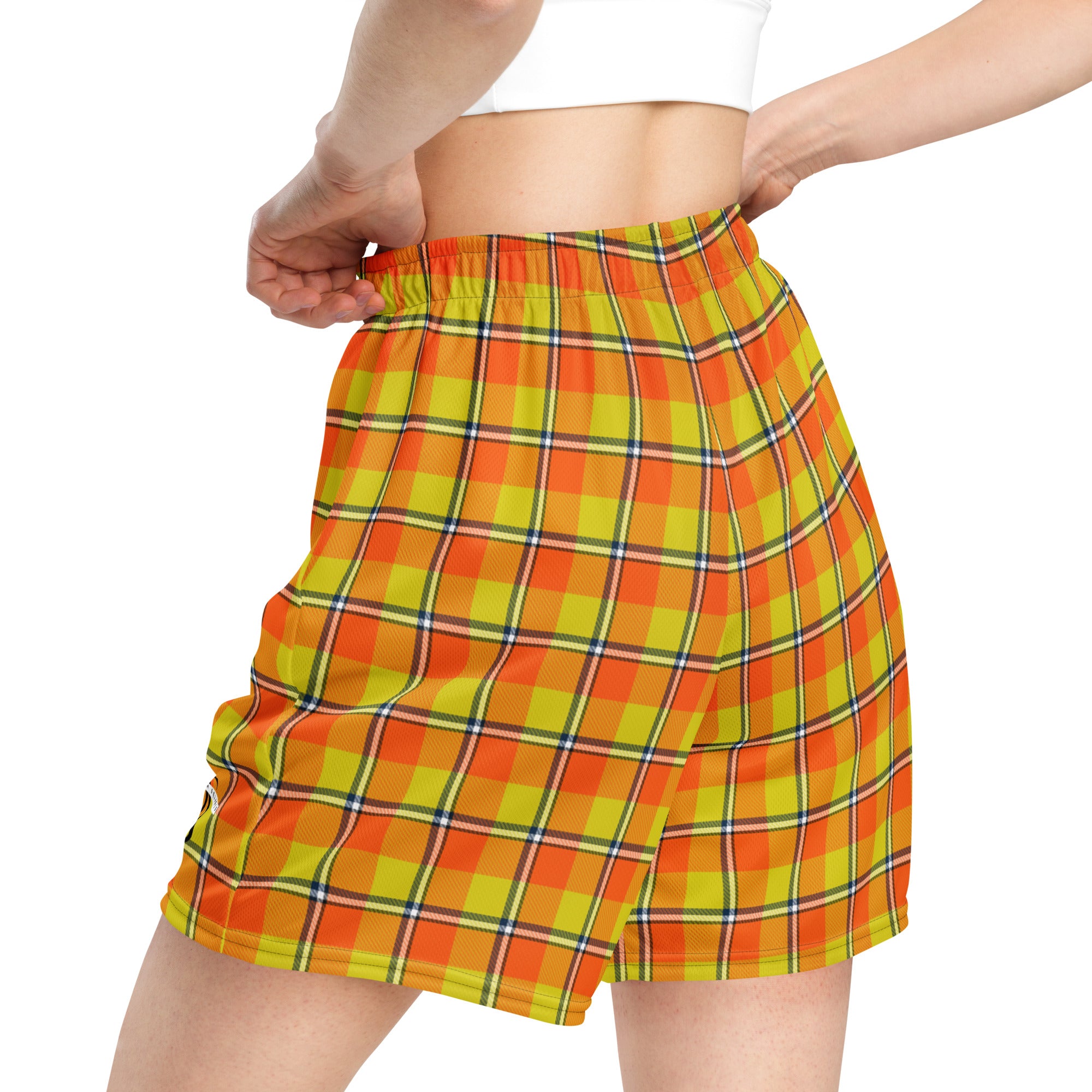 Blaze Orange and Bird Flower Plaid Unisex Mesh Shorts - Scottish Squares