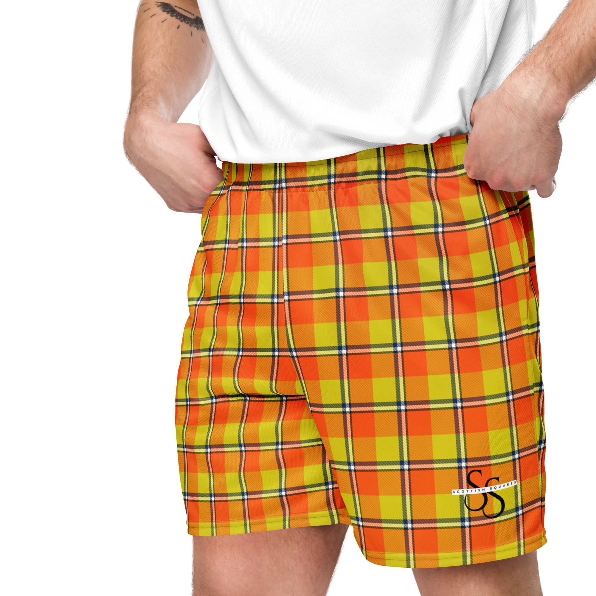 Blaze Orange and Bird Flower Plaid Unisex Mesh Shorts - Scottish Squares