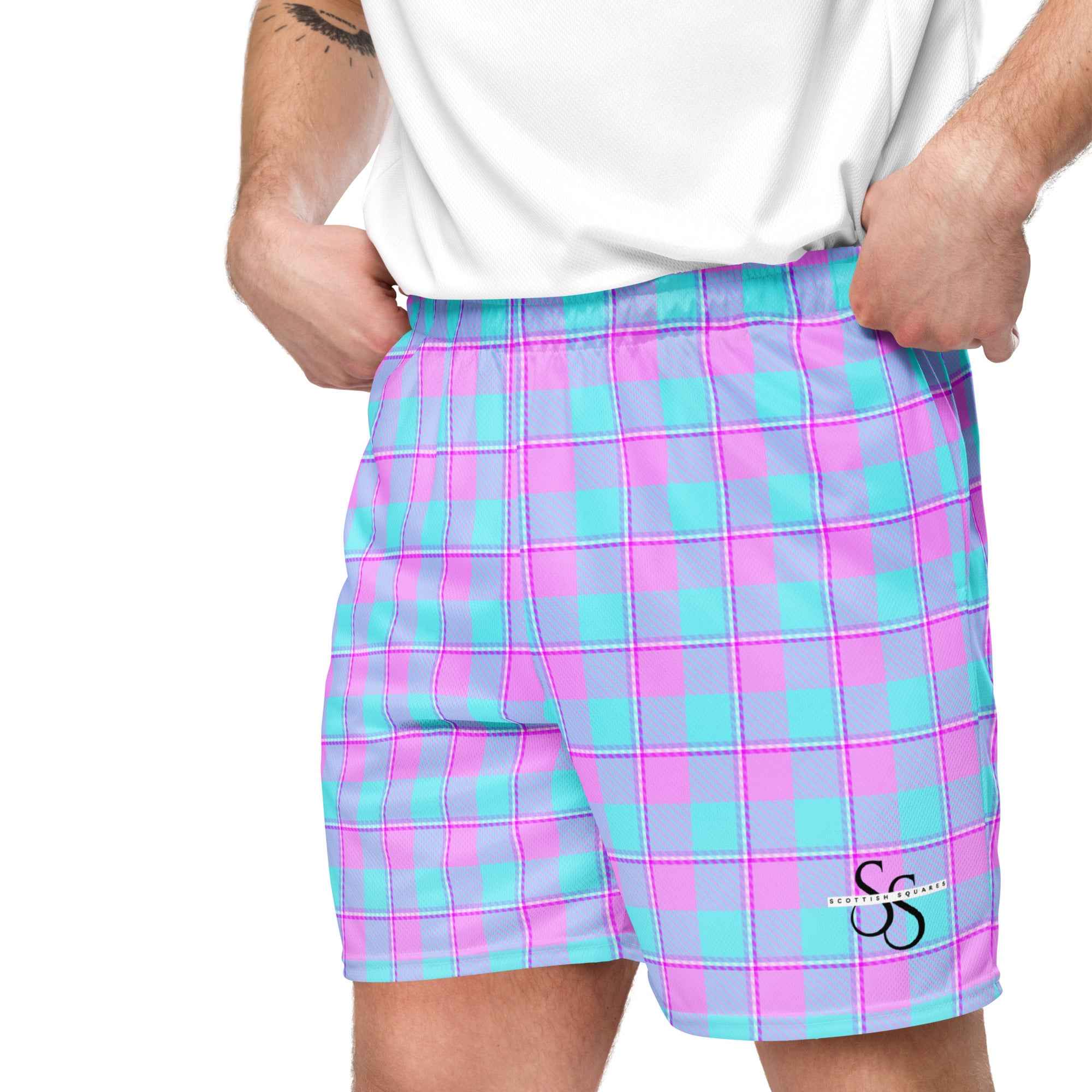 Mauve and Coastal Mist Plaid Unisex Mesh Shorts - Scottish Squares