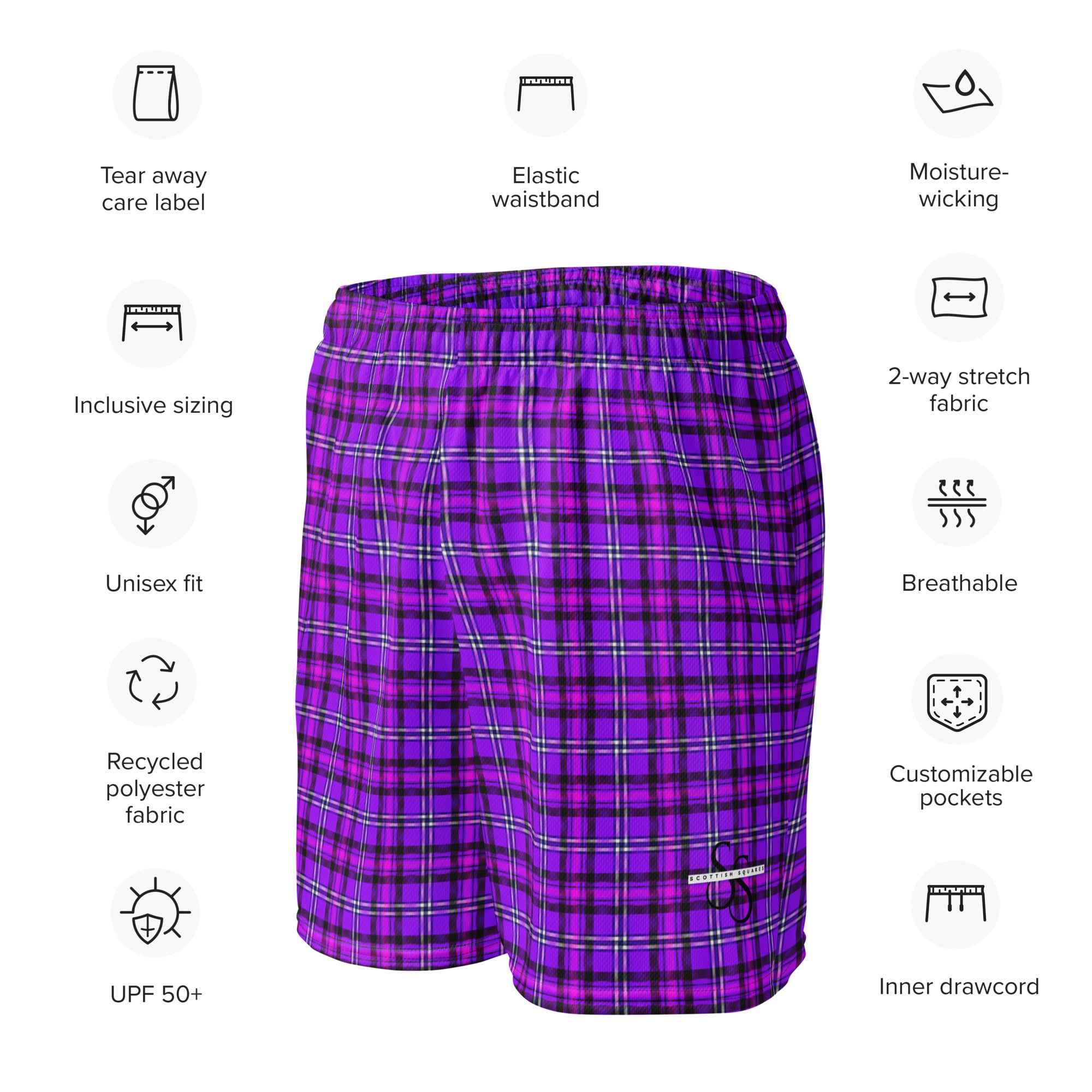 Electric Violet and Fuchsia Plaid Unisex Mesh Shorts - Scottish Squares