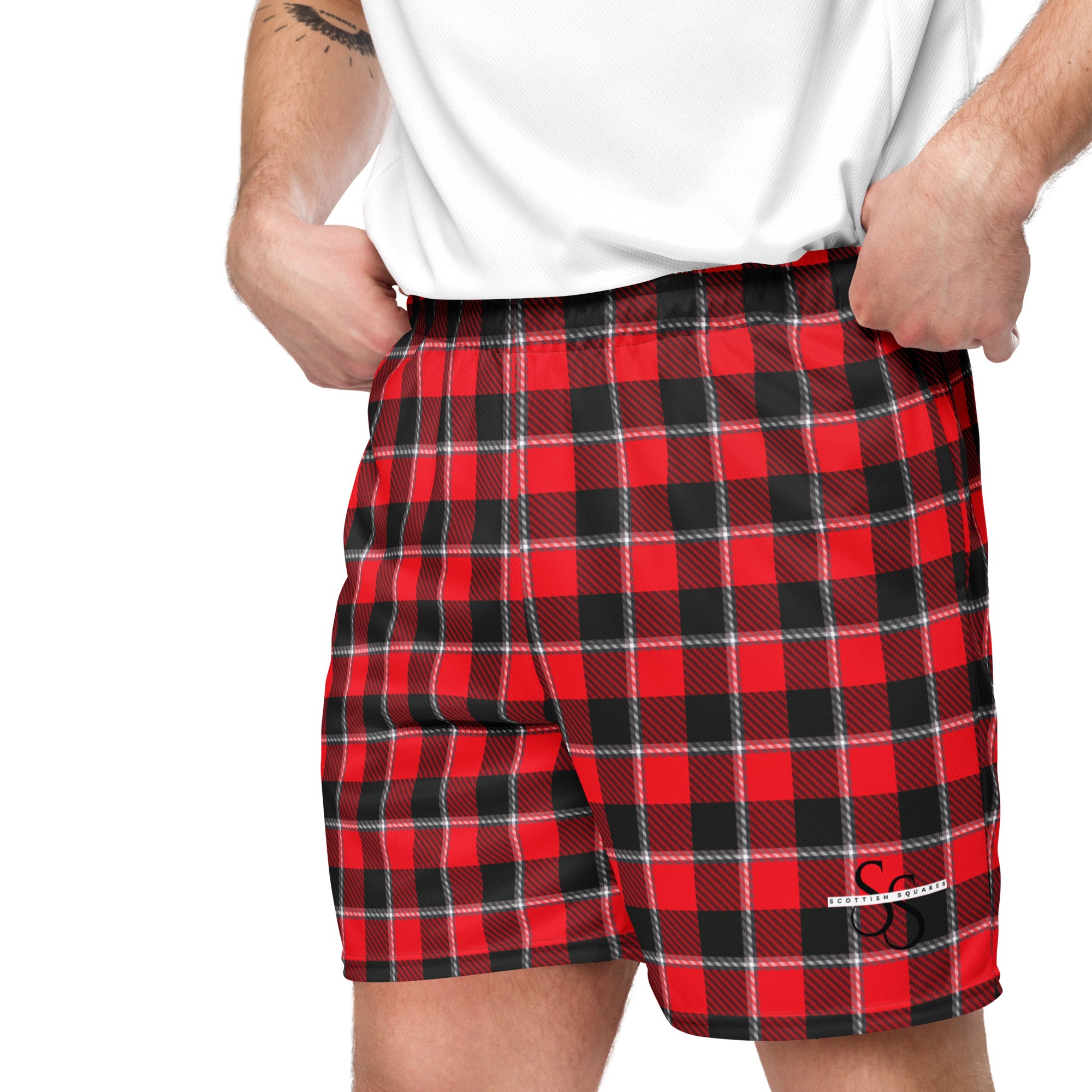 Red Ribbon and Heavy Metal Plaid Unisex Mesh Shorts - Scottish Squares