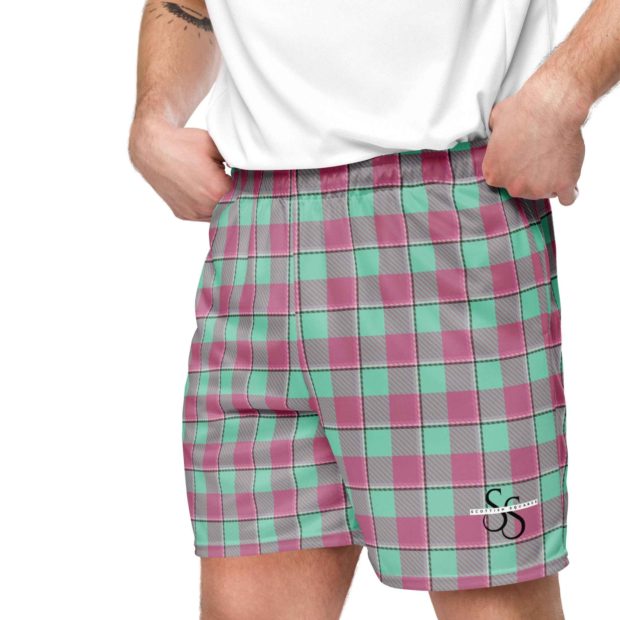 Vista Blue and Turkish Rose Plaid Unisex Mesh Shorts - Scottish Squares