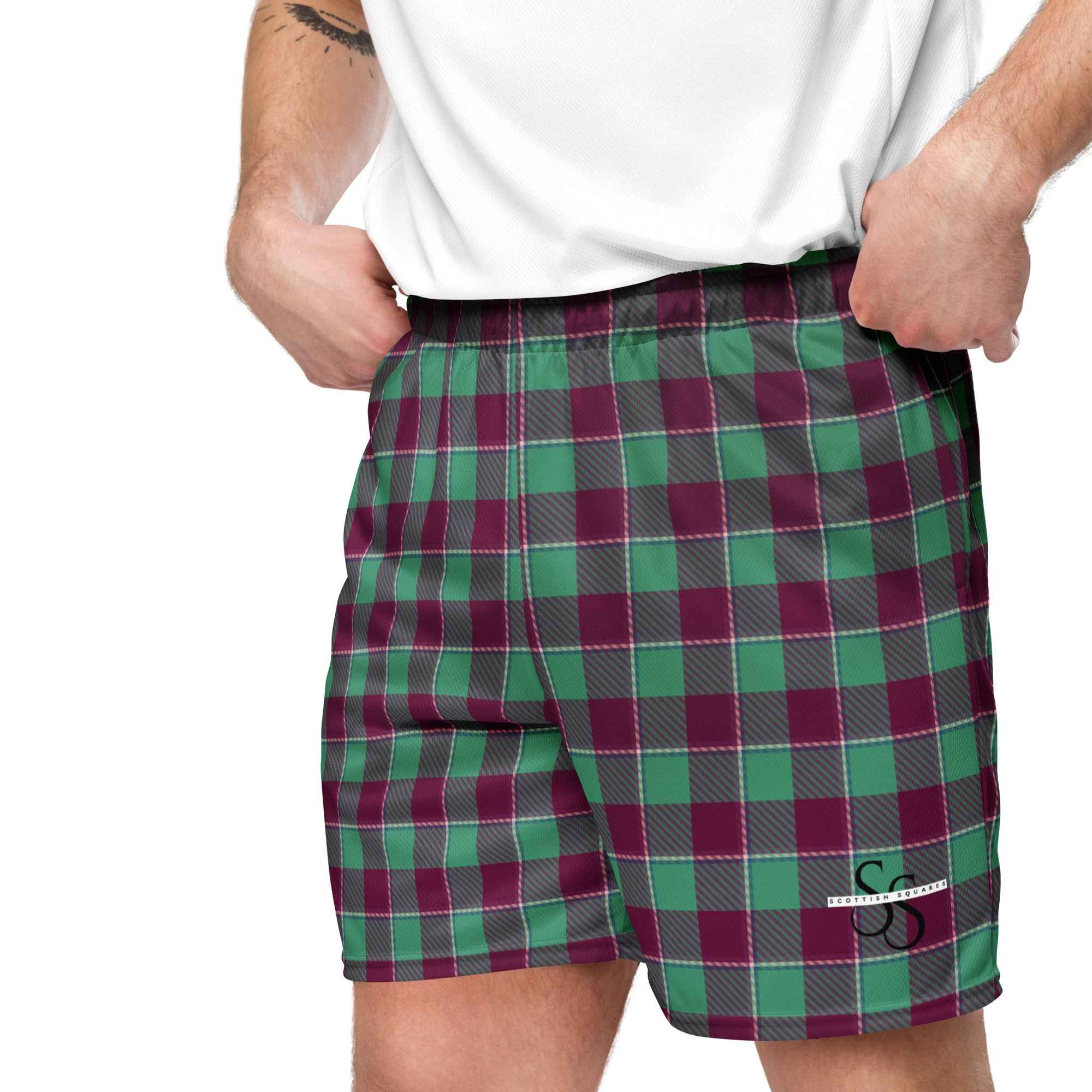 Ocean Green and Mulberry Wood Plaid Unisex Mesh Shorts - Scottish Squares