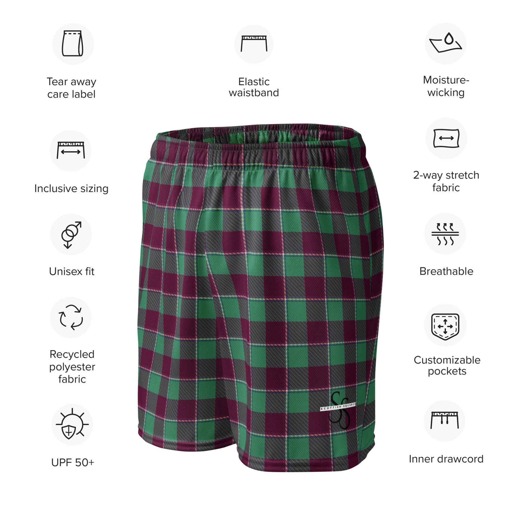 Ocean Green and Mulberry Wood Plaid Unisex Mesh Shorts - Scottish Squares