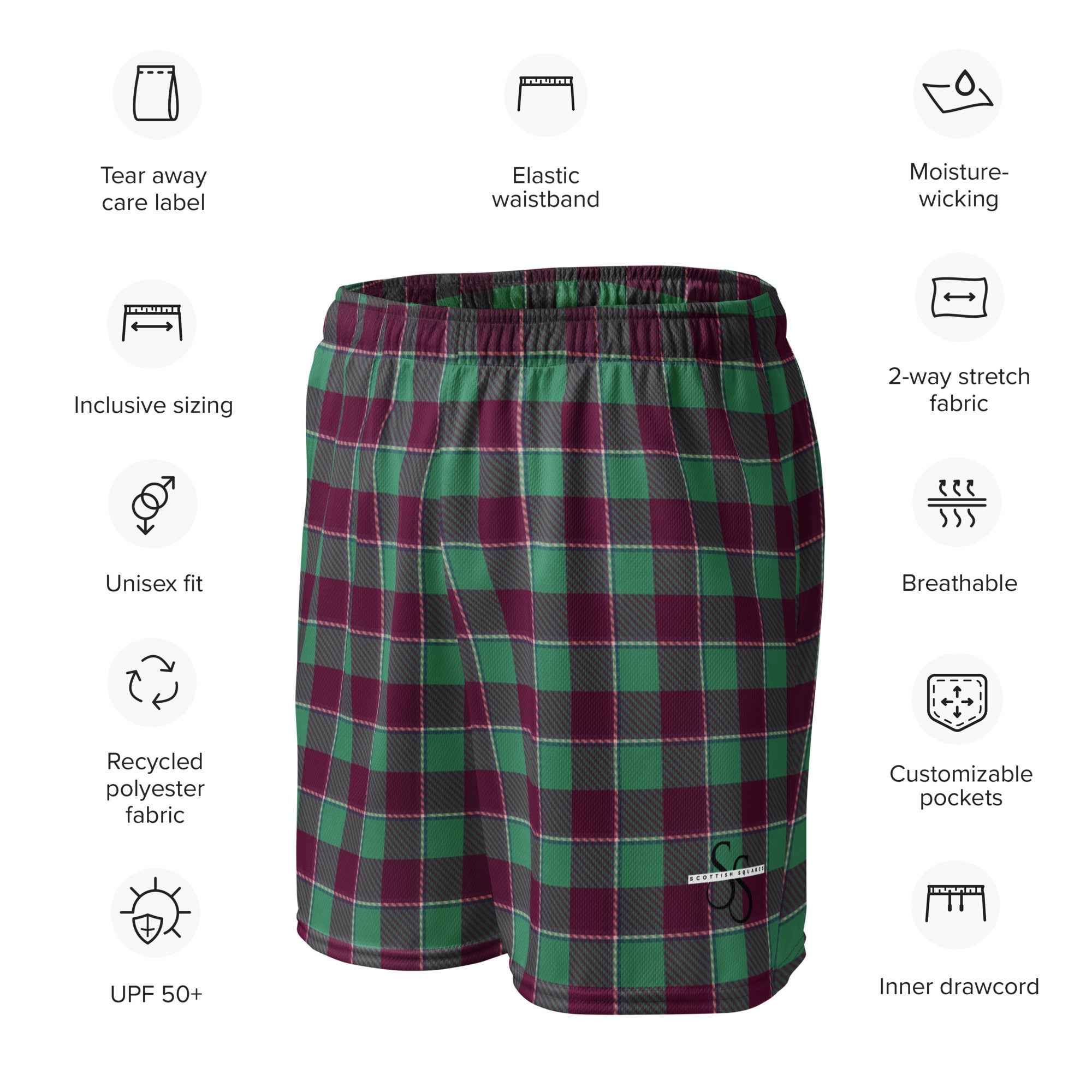 Ocean Green and Mulberry Wood Plaid Unisex Mesh Shorts - Scottish Squares