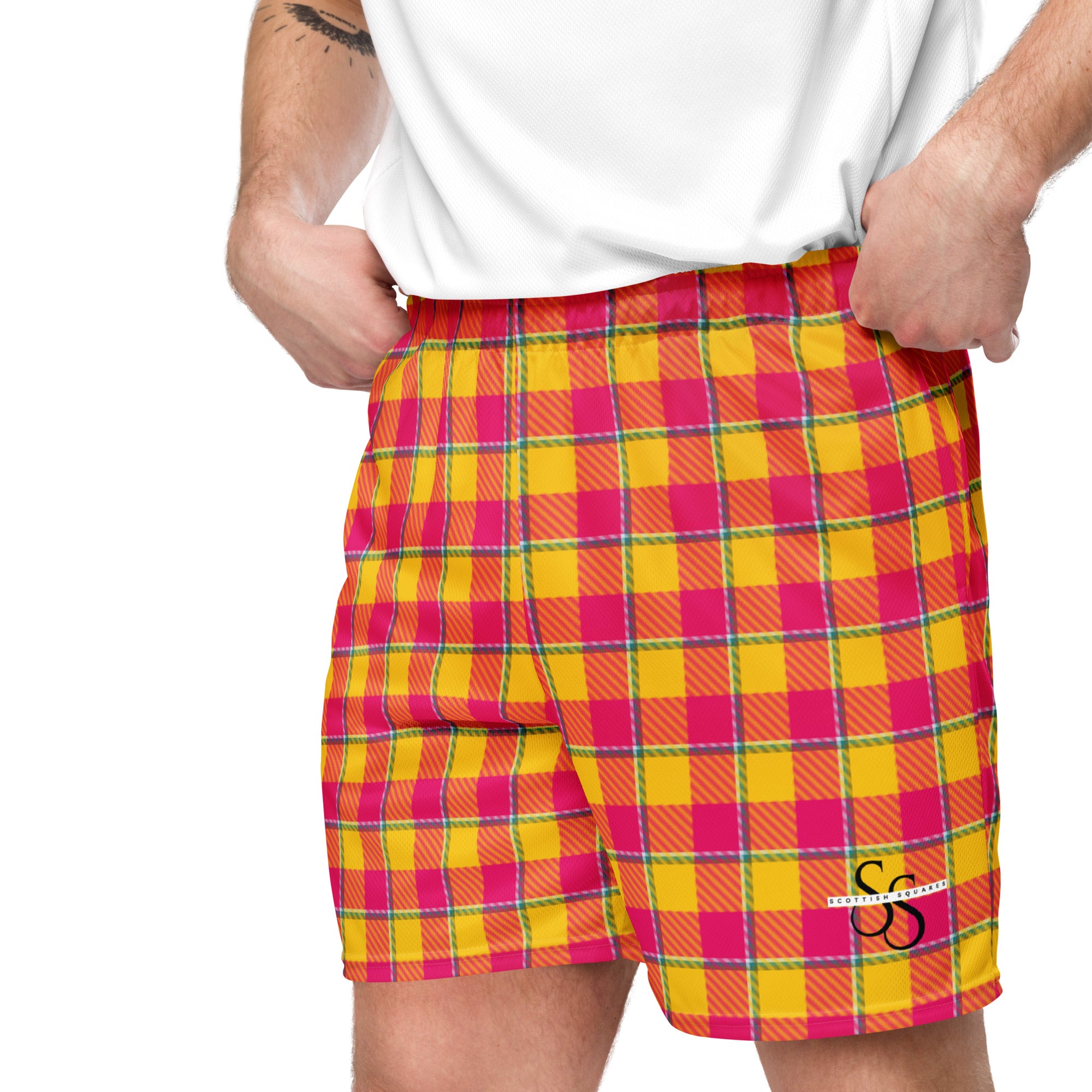 Corn and Razzmatazz Plaid Unisex Mesh Shorts - Scottish Squares