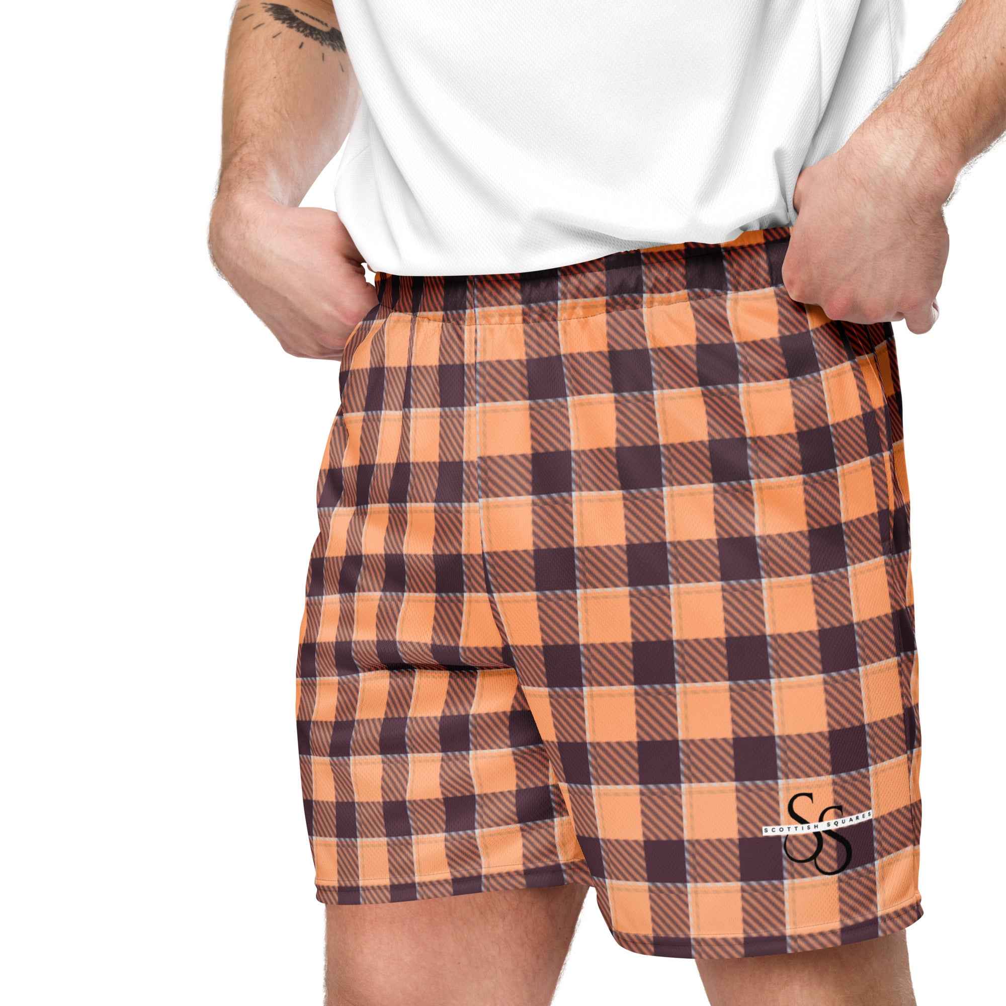 Hit Pink and Livid Brown Plaid Unisex Mesh Shorts - Scottish Squares