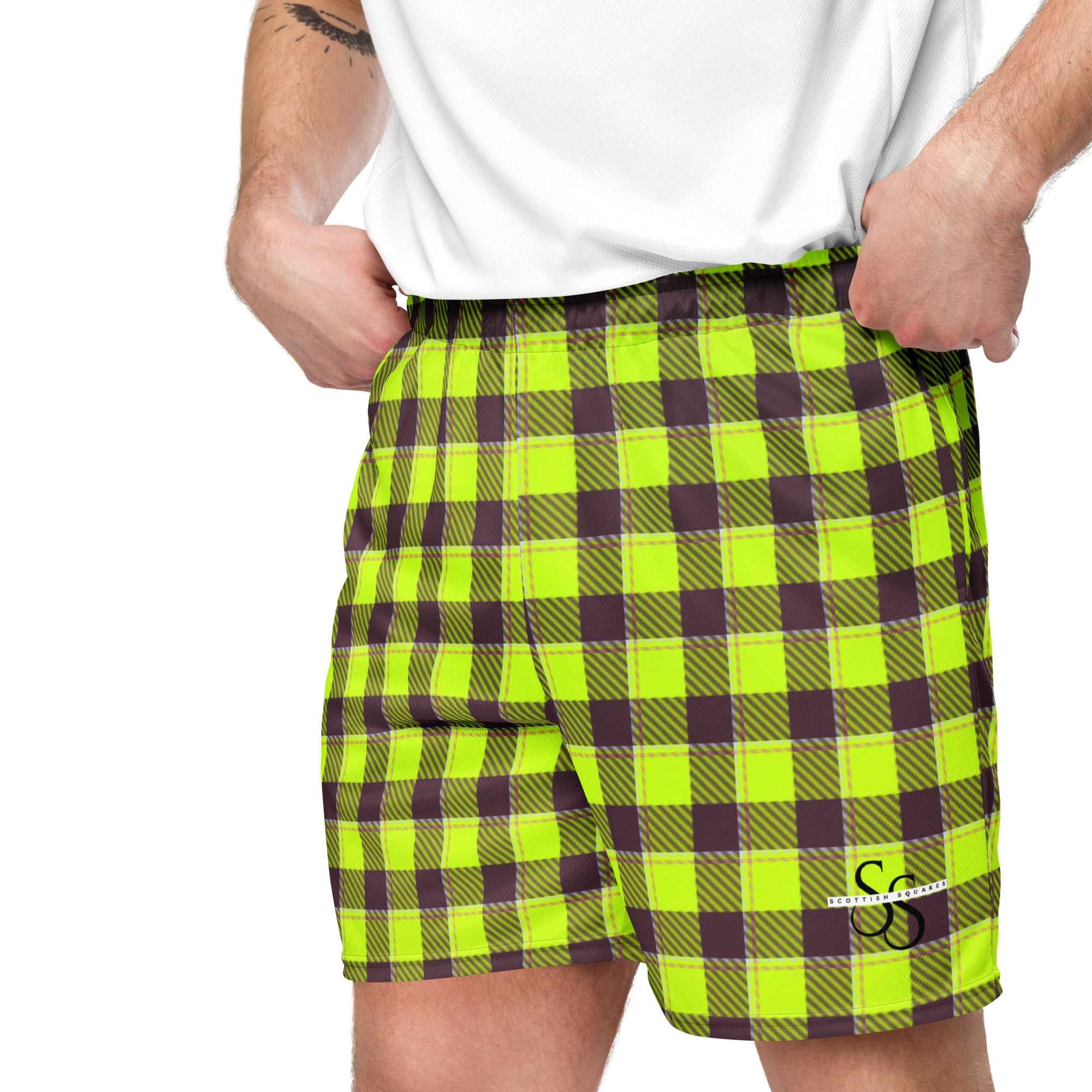 Electric Lime and Livid Brown Plaid Unisex Mesh Shorts - Scottish Squares