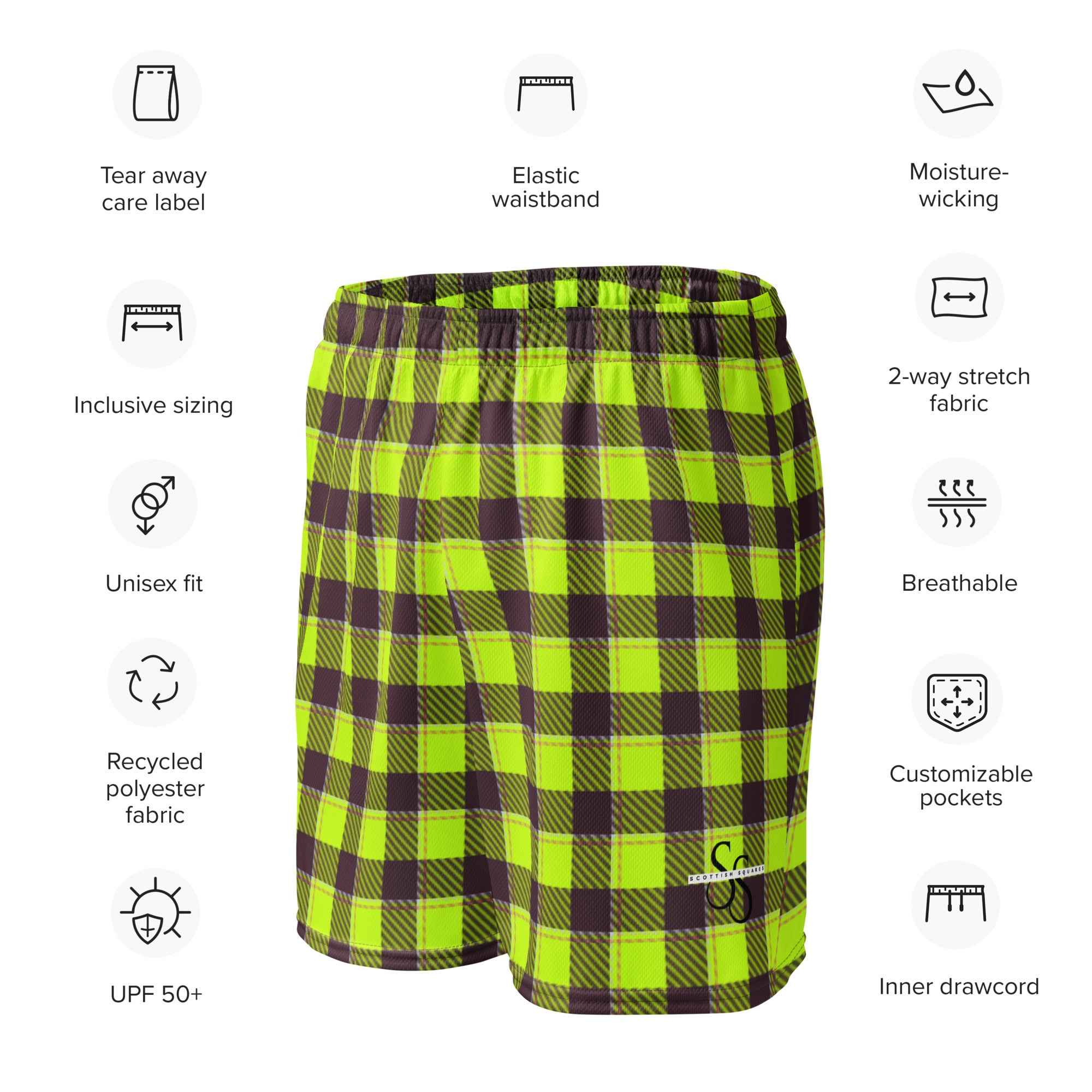 Electric Lime and Livid Brown Plaid Unisex Mesh Shorts - Scottish Squares