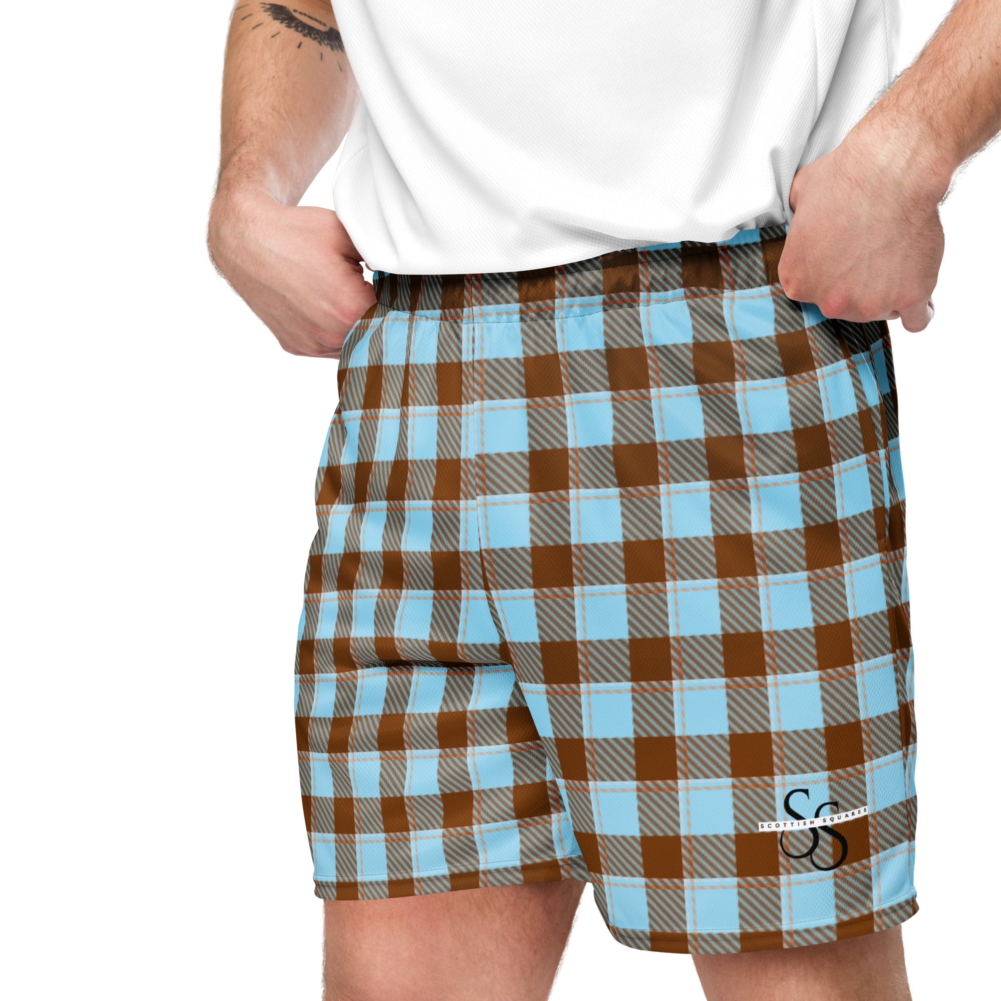 Blizzard Blue and Livid Brown Plaid Unisex Mesh Shorts - Scottish Squares
