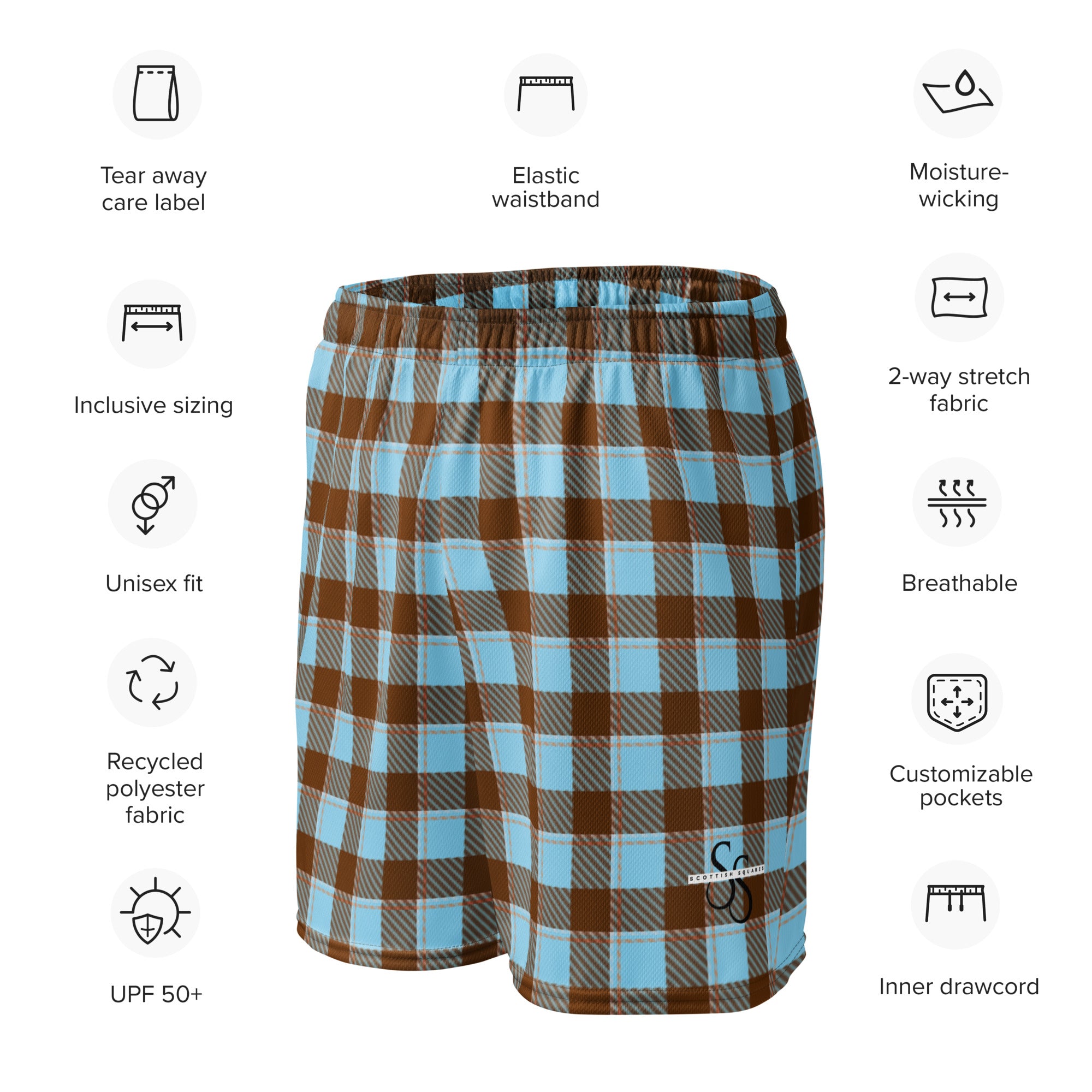 Blizzard Blue and Livid Brown Plaid Unisex Mesh Shorts - Scottish Squares