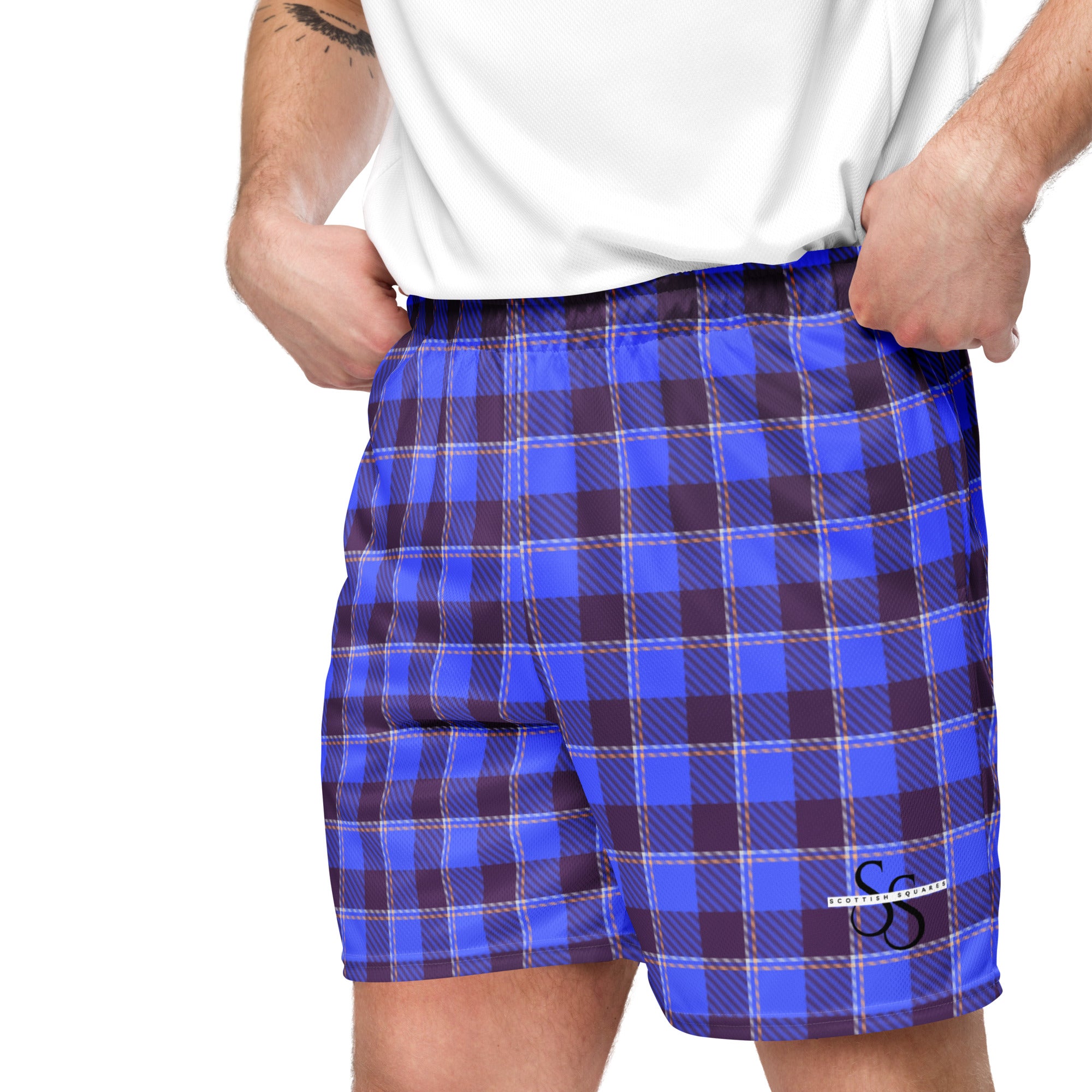 Cornflower Blue and Livid Brown Plaid Unisex Mesh Shorts - Scottish Squares