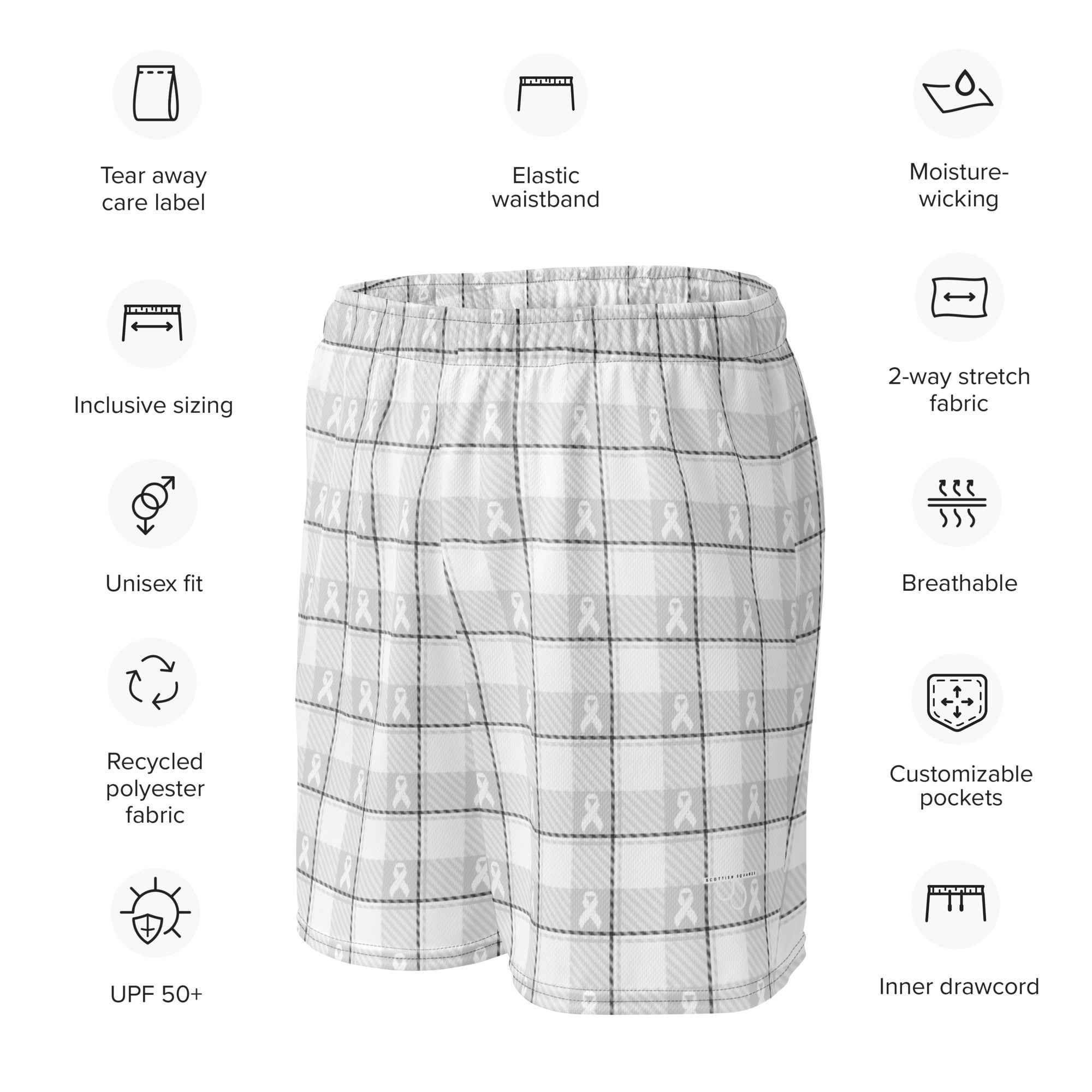 Unisex Mesh Shorts Lung Cancer Awareness Plaid, White Ribbon, Supportive Gift - Scottish Squares