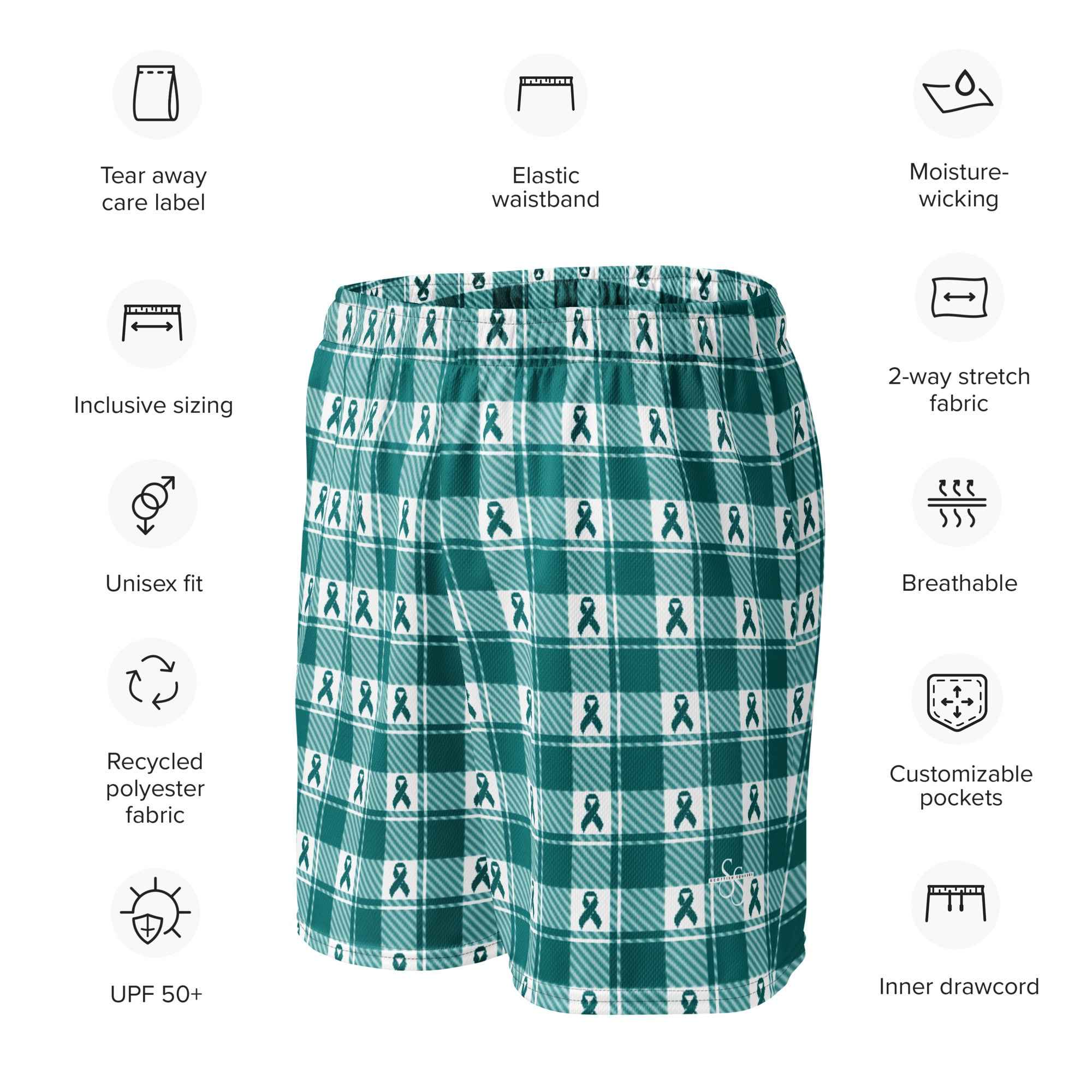 Unisex Mesh Shorts Cervical Cancer Awareness Plaid, Teal Ribbon, Supportive Gift - Scottish Squares