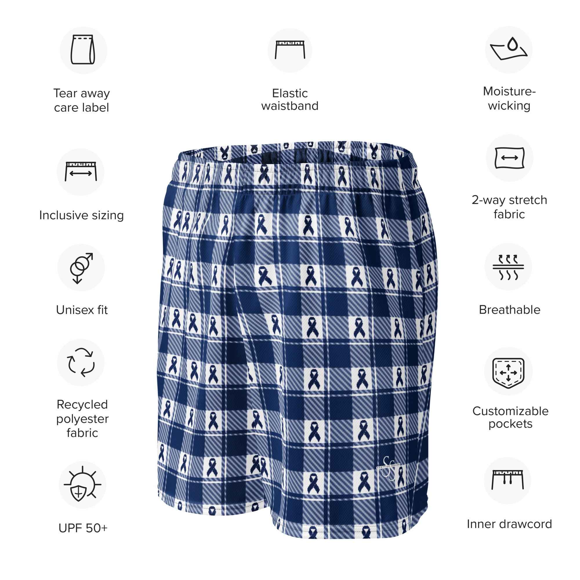 Unisex Mesh Shorts Colorectal Cancer Awareness Plaid, Dark Blue Ribbon, Supportive Gift - Scottish Squares