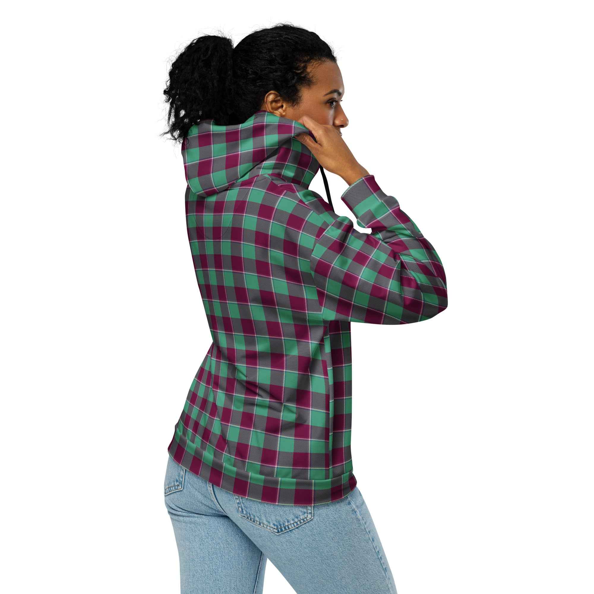 Unisex Zip Hoodie Ocean Green and Mulberry Wood Plaid