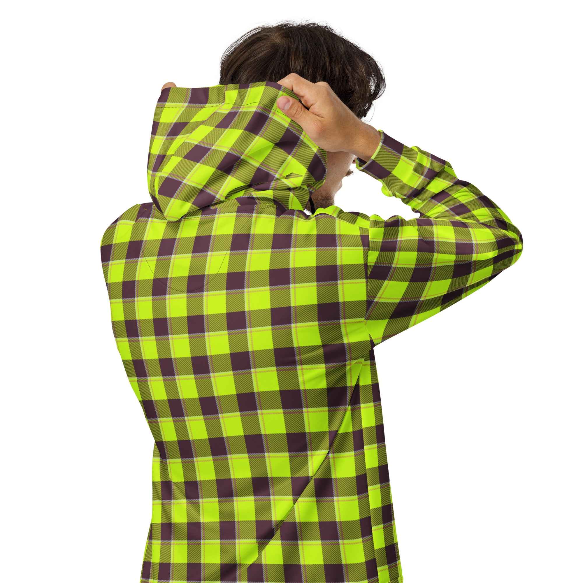 Unisex Zip Hoodie Electric Lime and Livid Brown Plaid