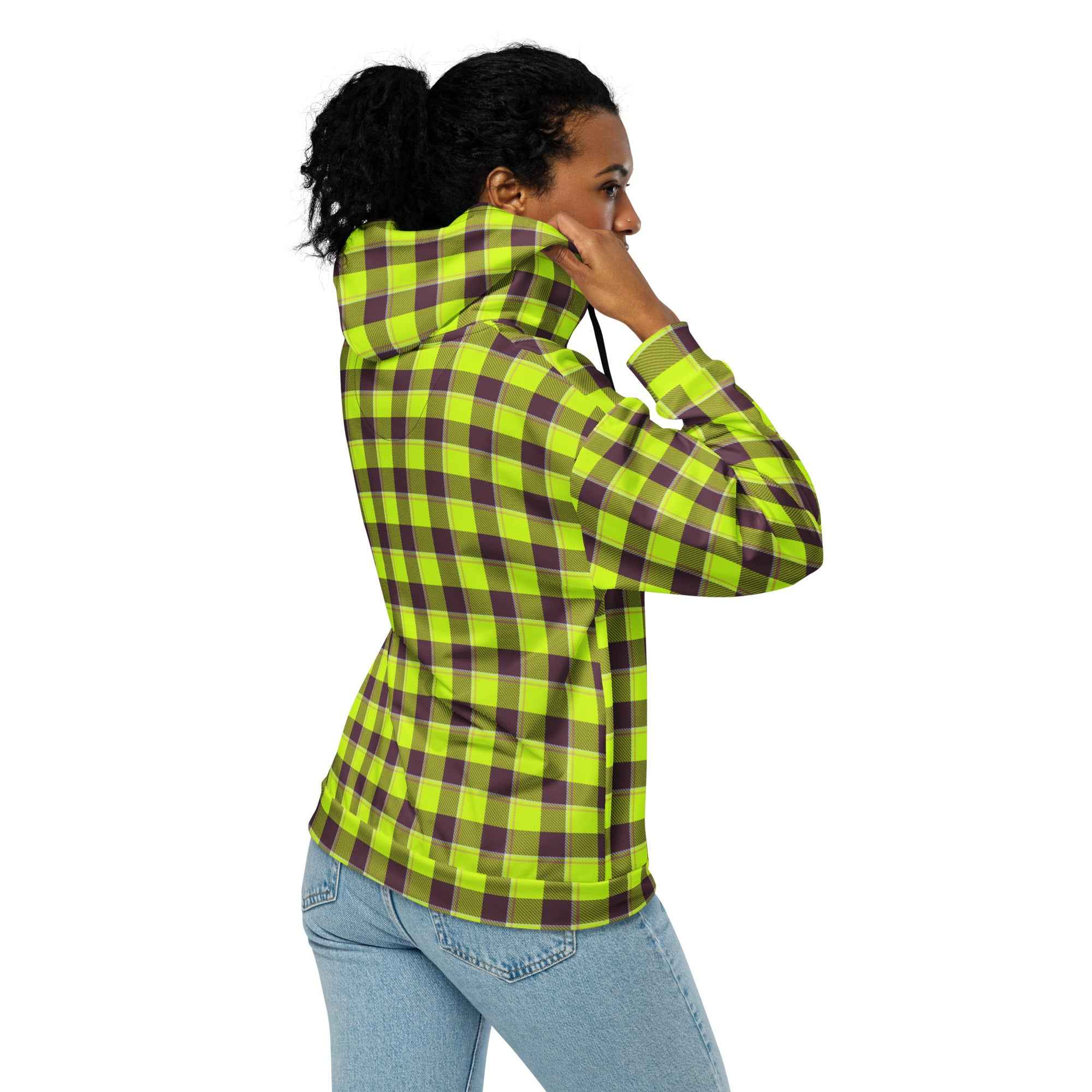 Unisex Zip Hoodie Electric Lime and Livid Brown Plaid