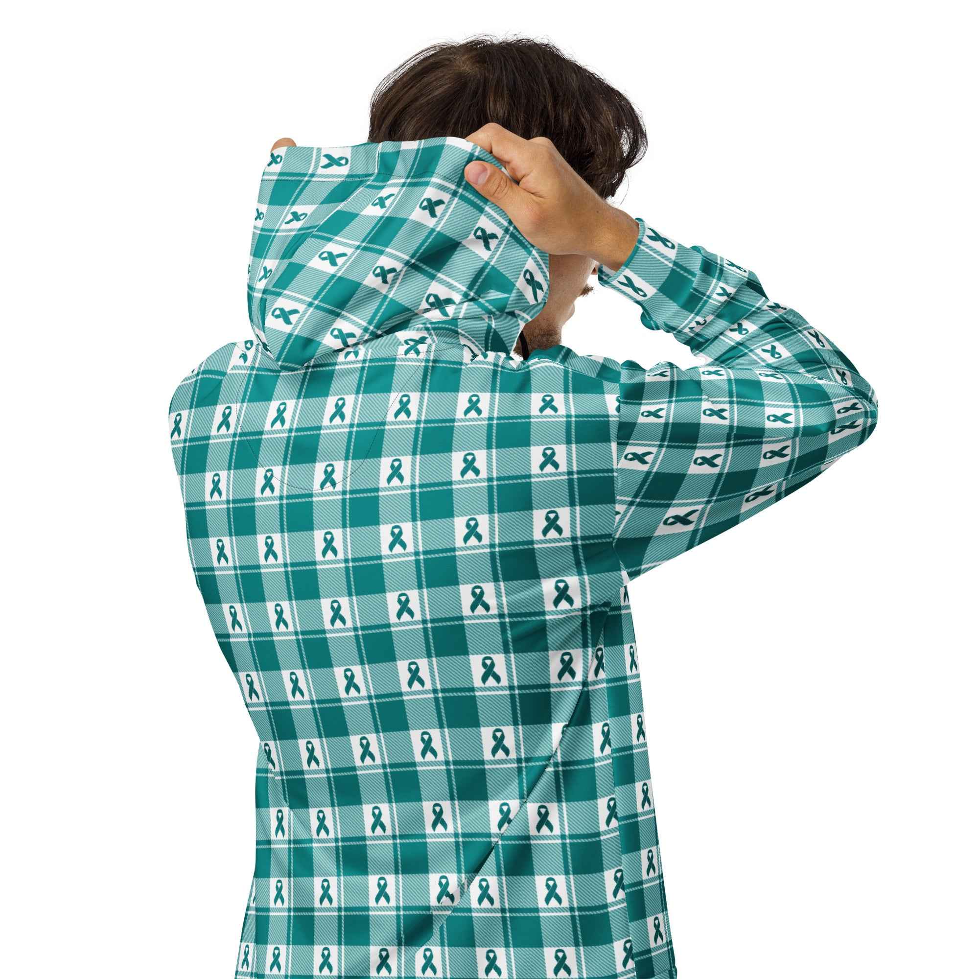 Unisex Zip Hoodie Cervical Cancer Awareness Plaid, Teal Ribbon, Supportive Gift - Scottish Squares