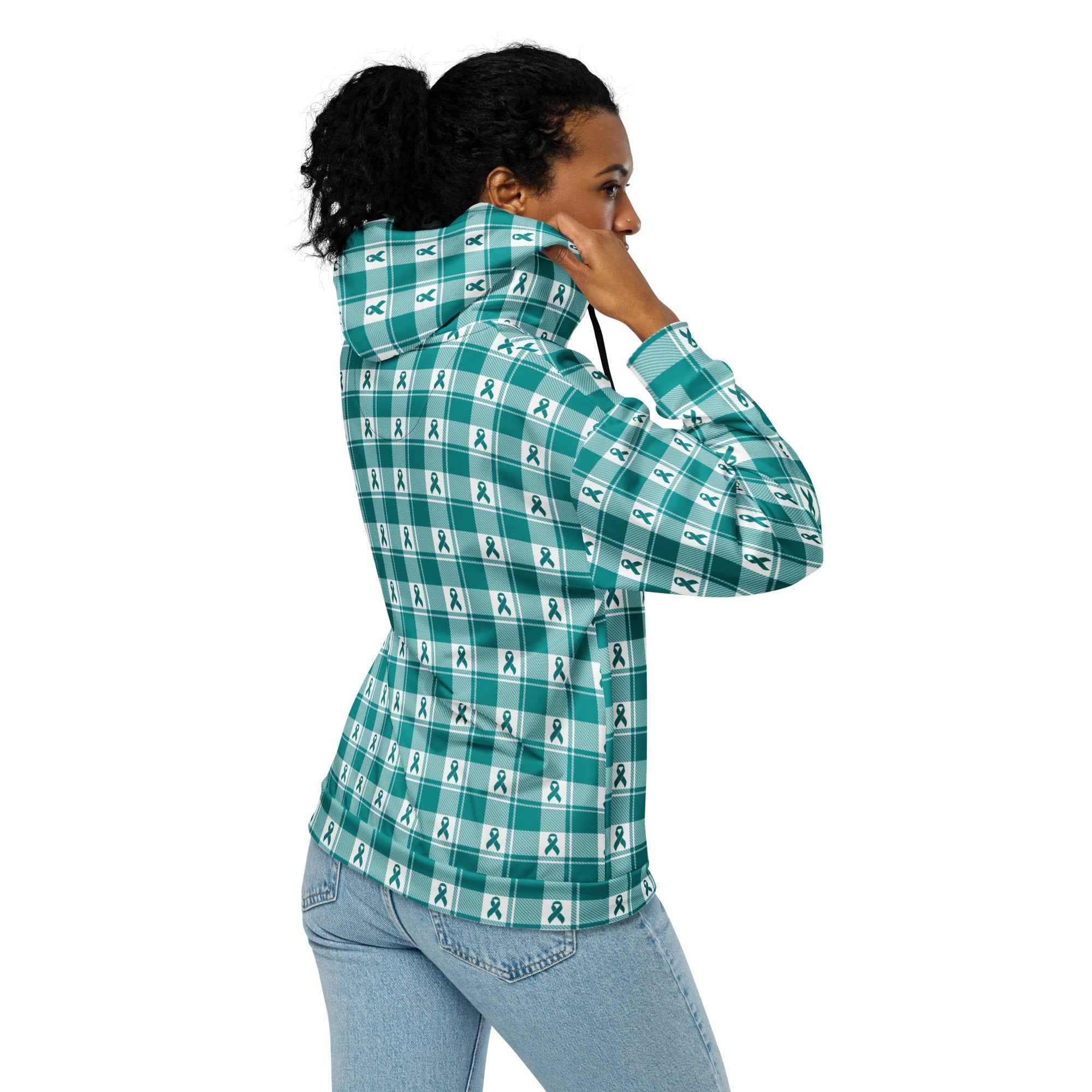 Unisex Zip Hoodie Cervical Cancer Awareness Plaid, Teal Ribbon, Supportive Gift - Scottish Squares
