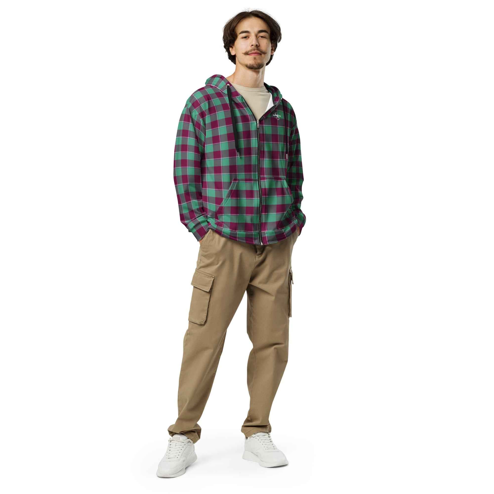Unisex Zip Hoodie Ocean Green and Mulberry Wood Plaid
