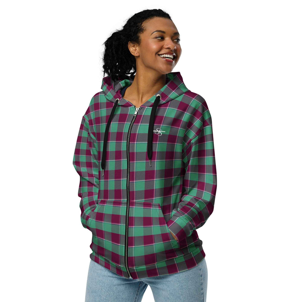 Unisex Zip Hoodie Ocean Green and Mulberry Wood Plaid