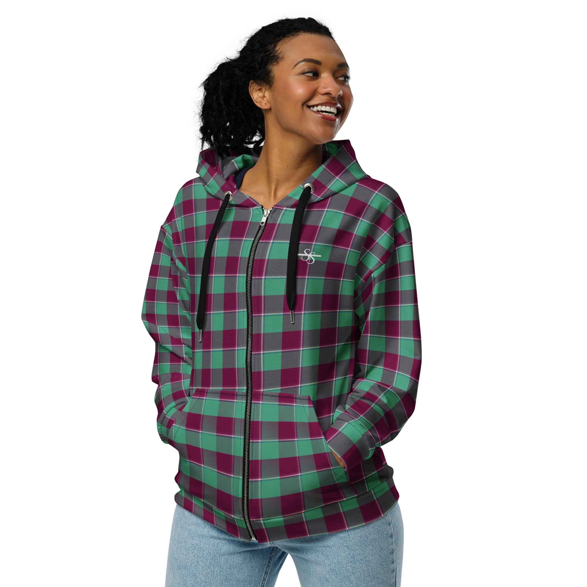 Unisex Zip Hoodie Ocean Green and Mulberry Wood Plaid