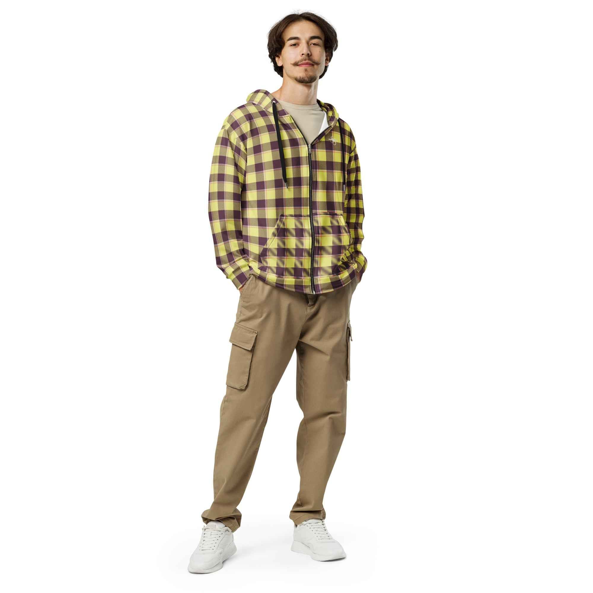 Unisex Zip Hoodie Flax and Livid Brown Plaid