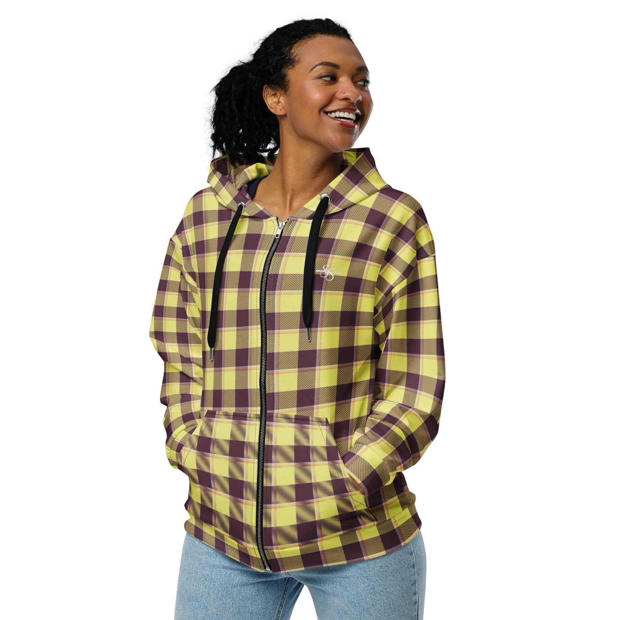 Unisex Zip Hoodie Flax and Livid Brown Plaid